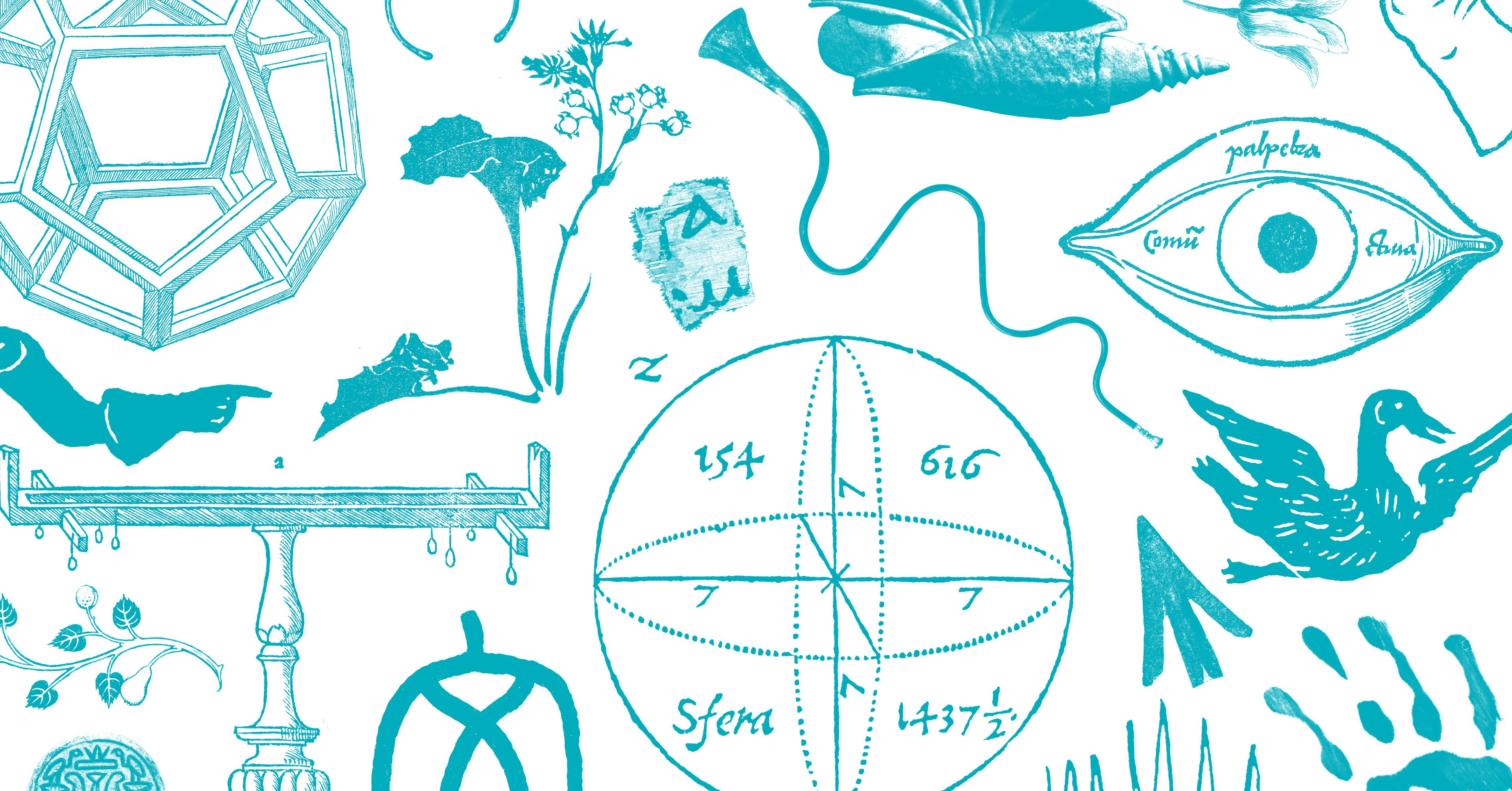 Light blue scientific looking drawings against a white background.