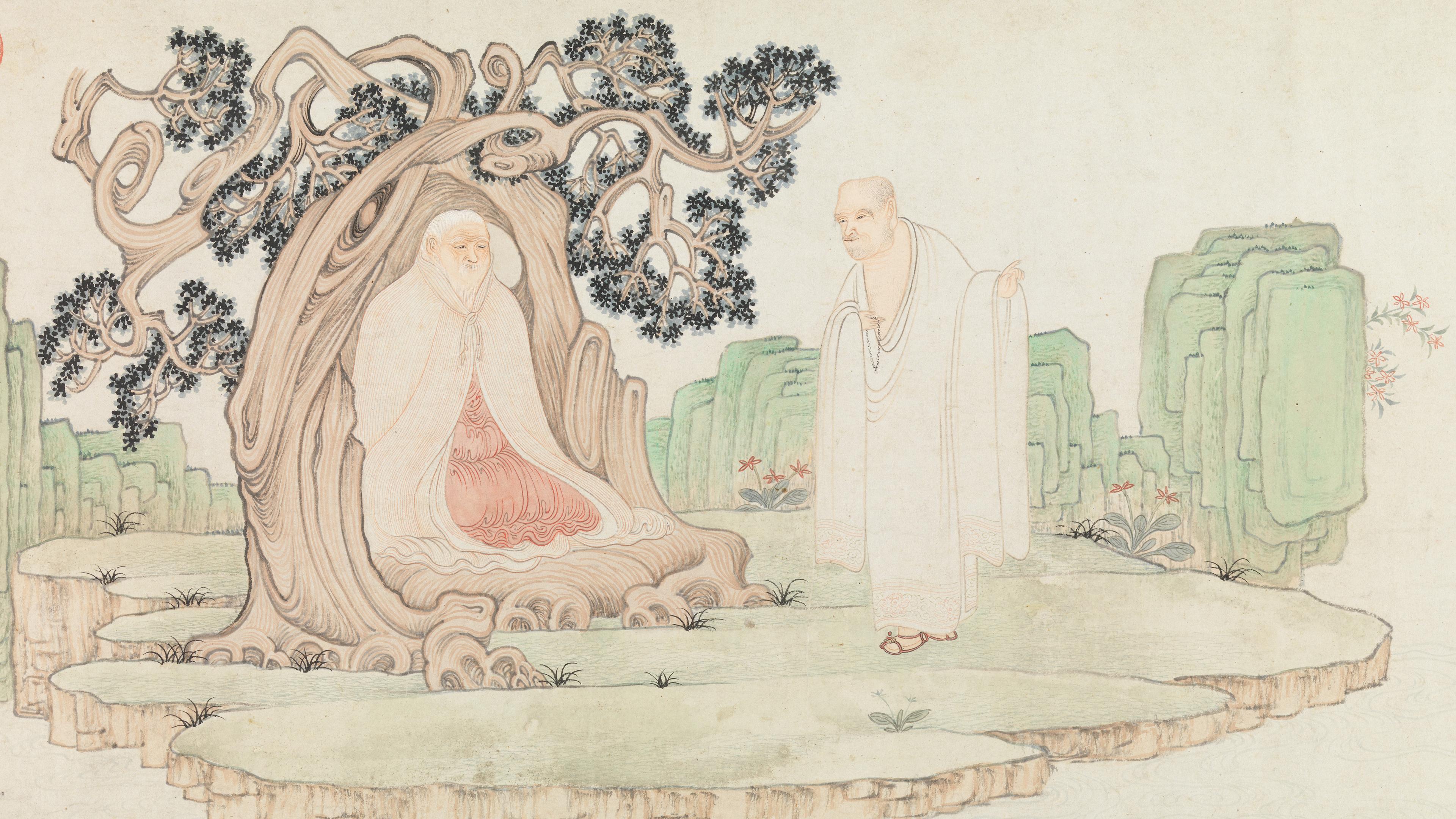 Two monks, or luohans, depicted on an island of land. One sits within the trunk of a tree with bent, gnarled branches, while the other stands with one arm outstretched.