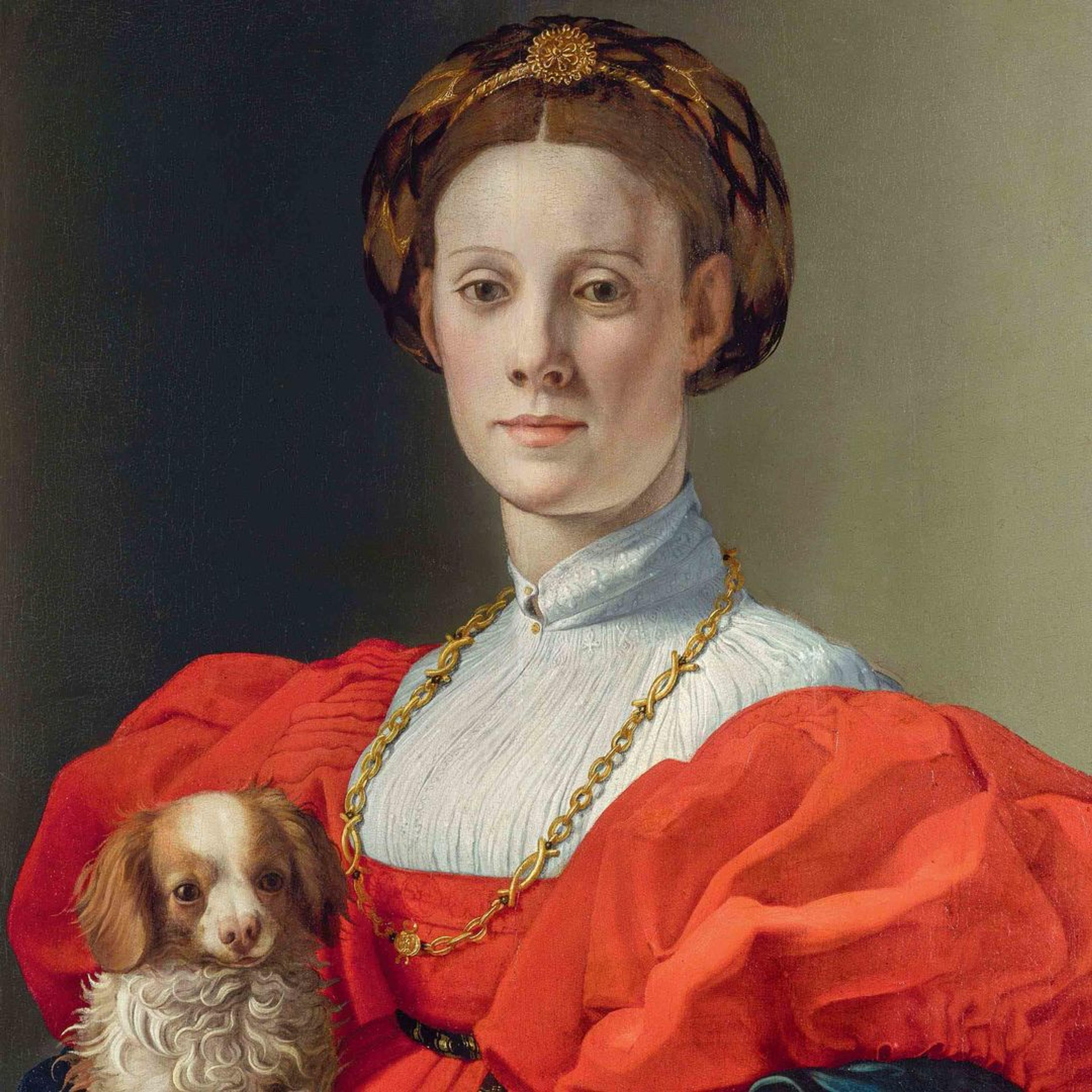 Detail from Portrait of a Woman with a Lapdog by Branzino. A painting of an ornately dressed woman with a small dog in her lap.