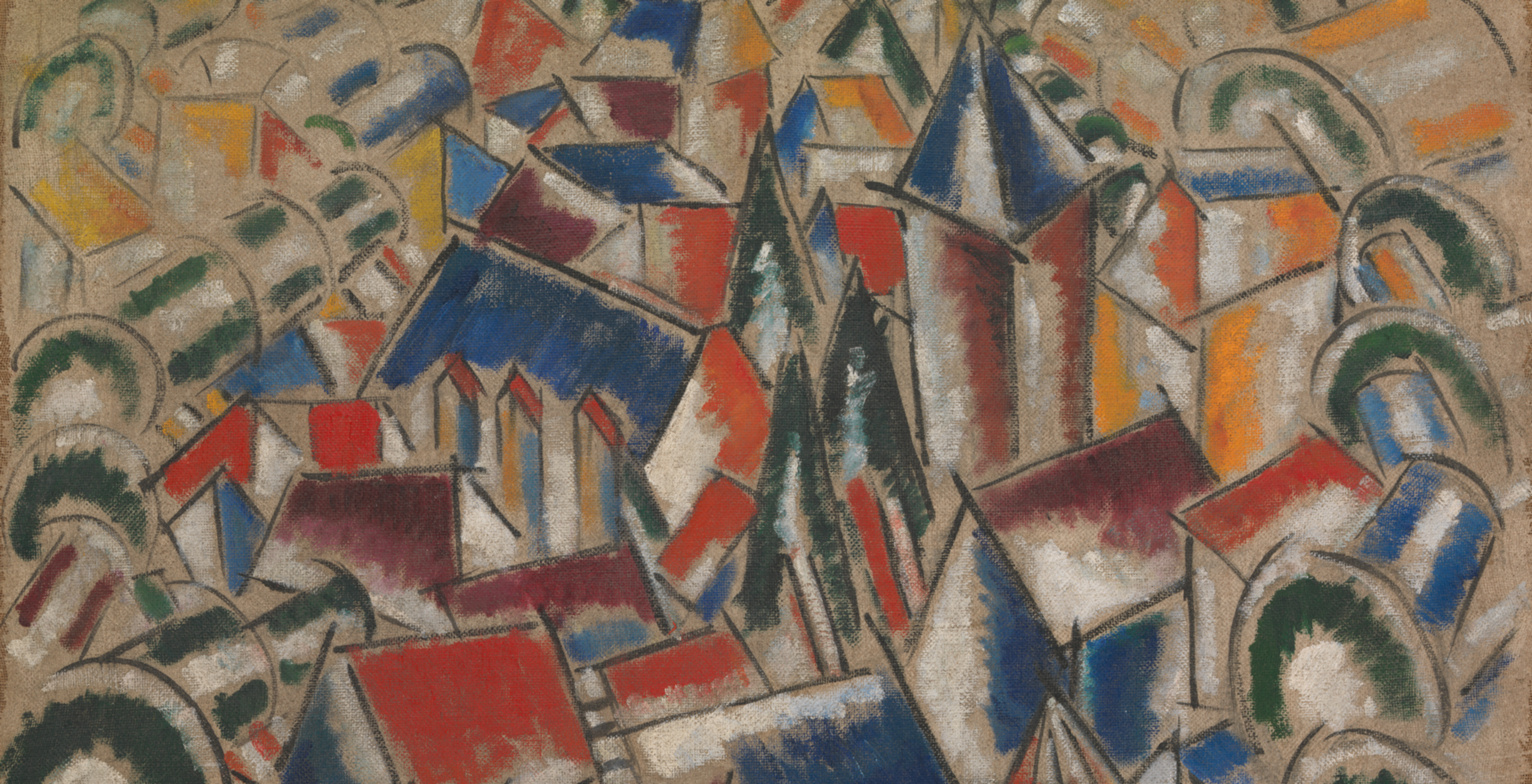 Oil painting of a village of cones, cylinders and cubes with mostly blue, white, and red shapes in the center and more green and yellow shapes on the outskirts