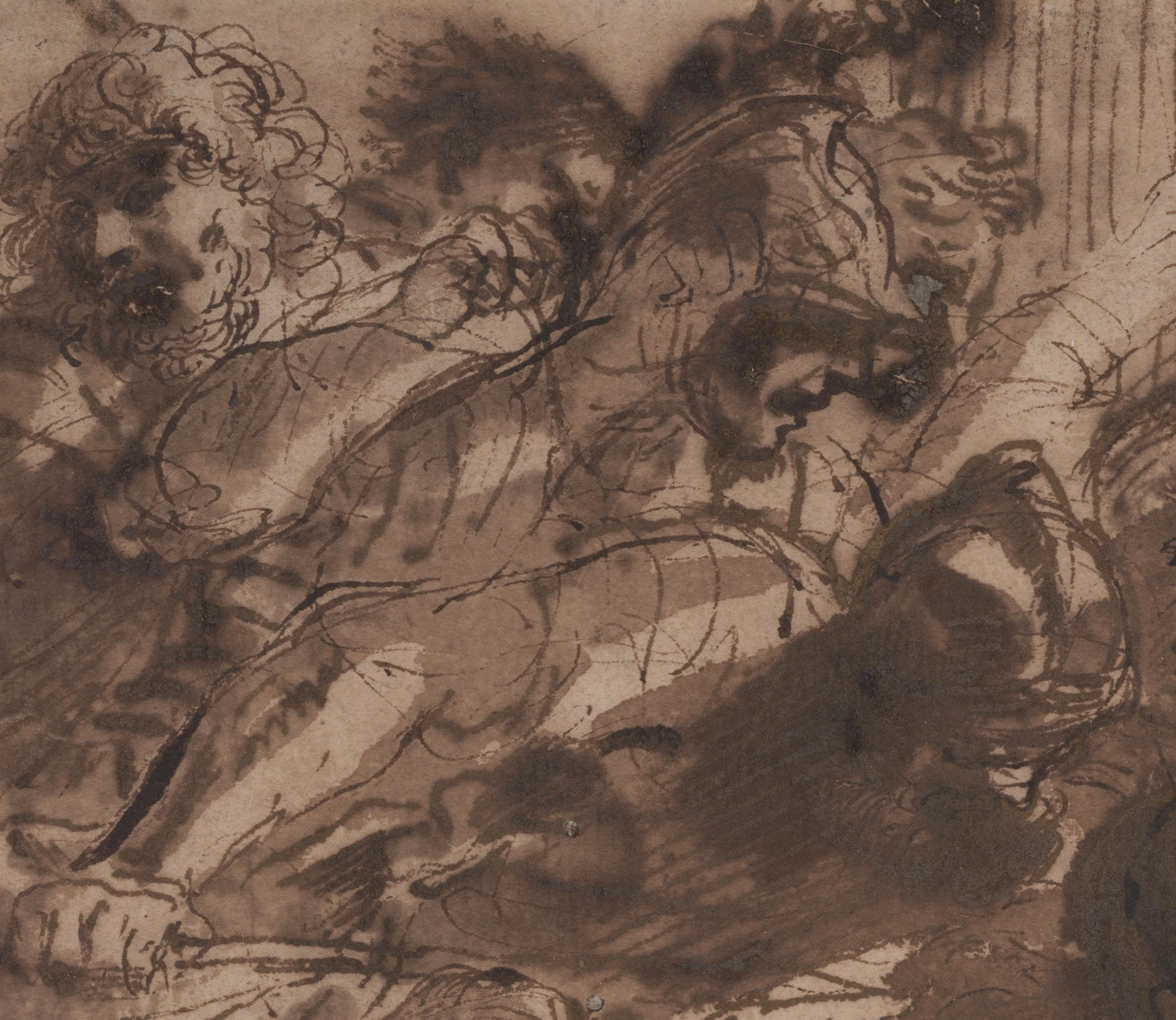 A dark, violent impressionistic drawing of a crowd of men.