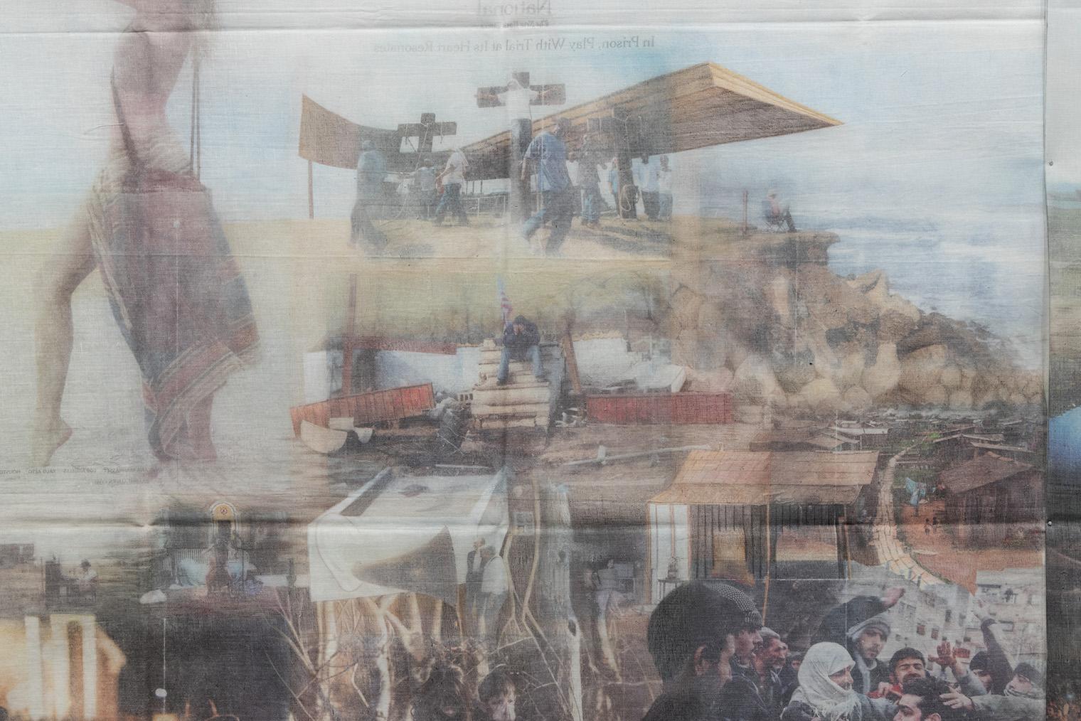 A collage with layered images: a woman with a colorful fabric, people working under a large structure, rugged landscapes, and a crowded gathering. The tone is chaotic yet intriguing.