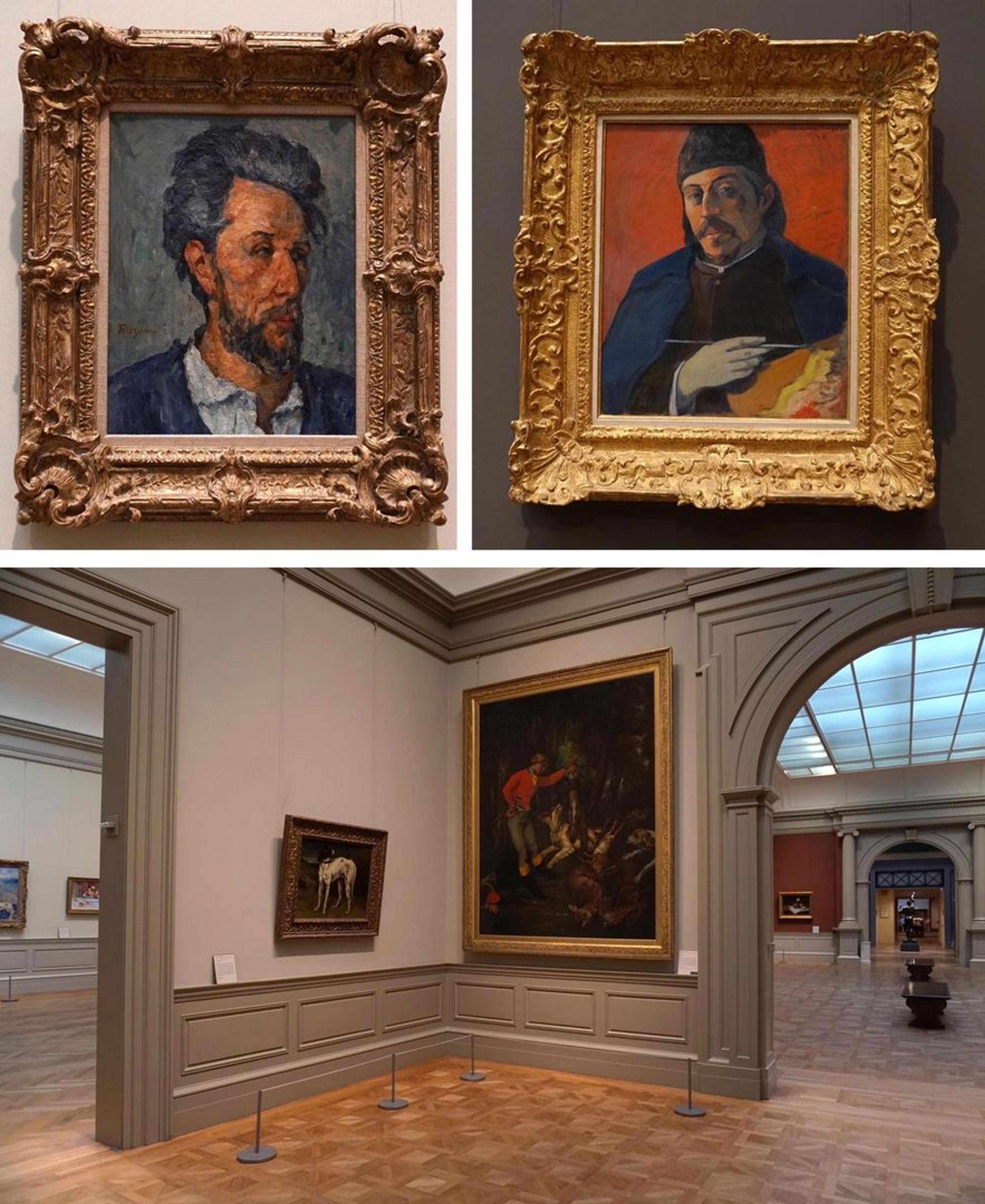 Installation views of a Gauguin self-portrait, a Cezanne portrait of a friend, and two Courbet paintings depicting dogs and hunting scenes