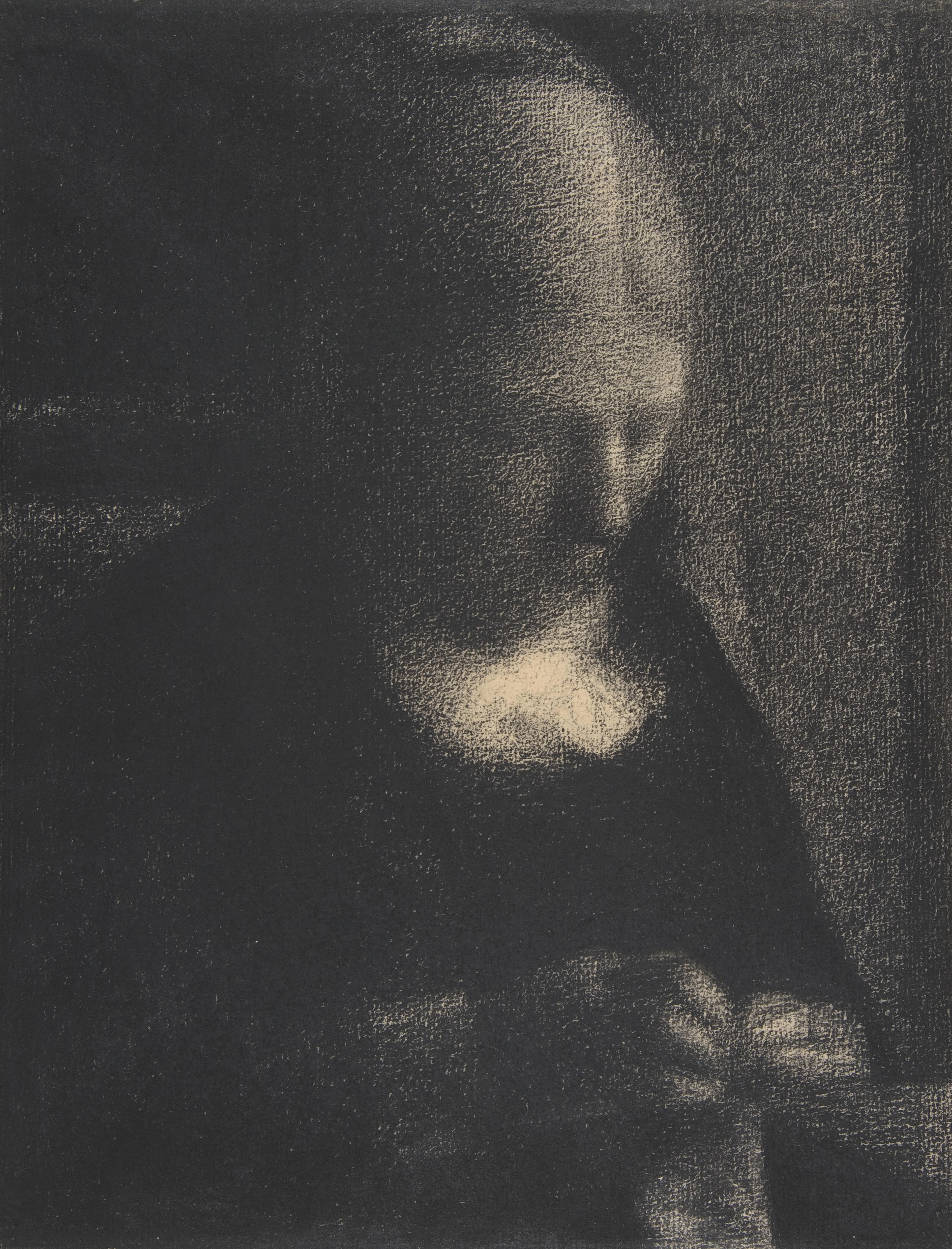 Conté crayon drawing of a woman embroidering.