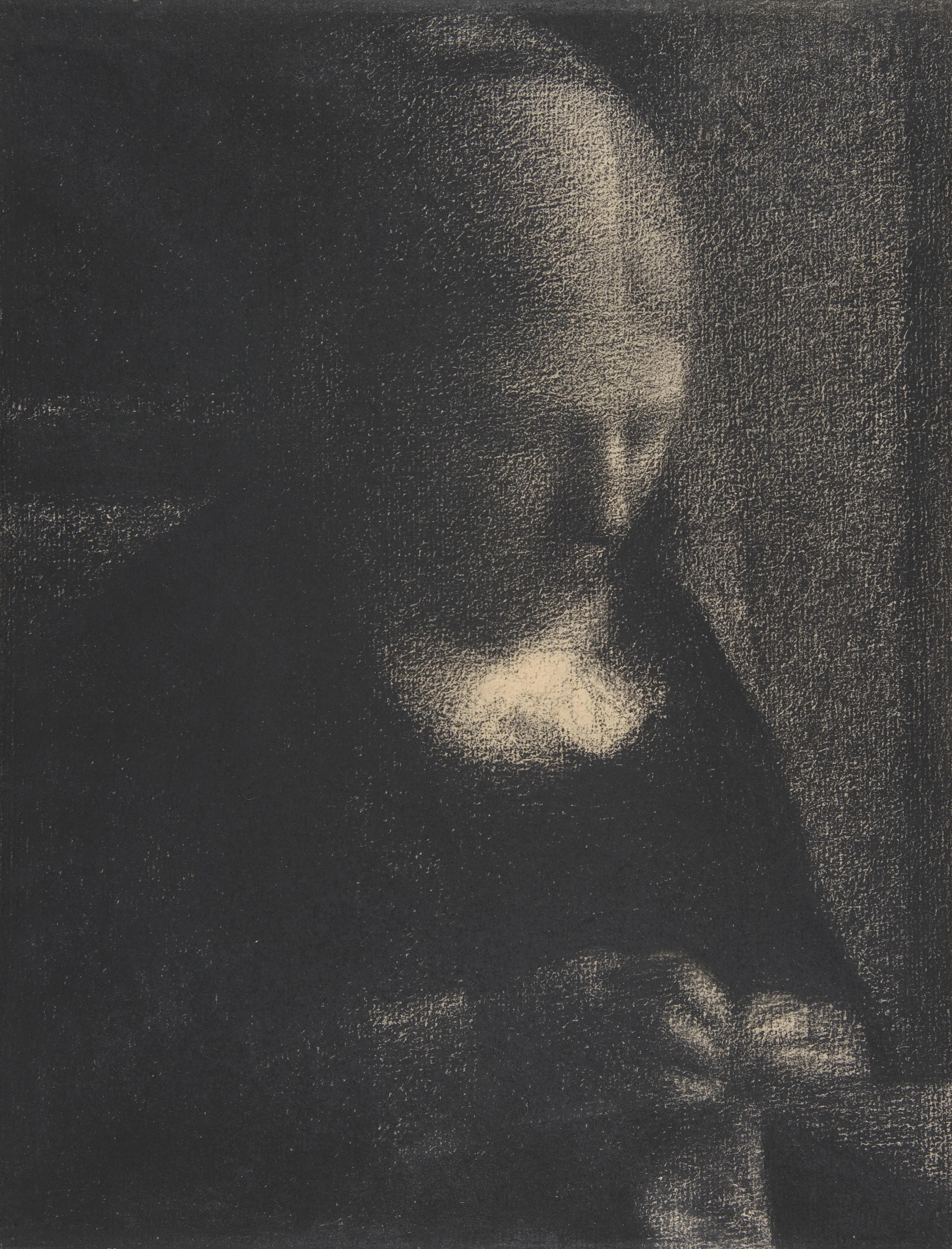 Conté crayon drawing of a woman embroidering.