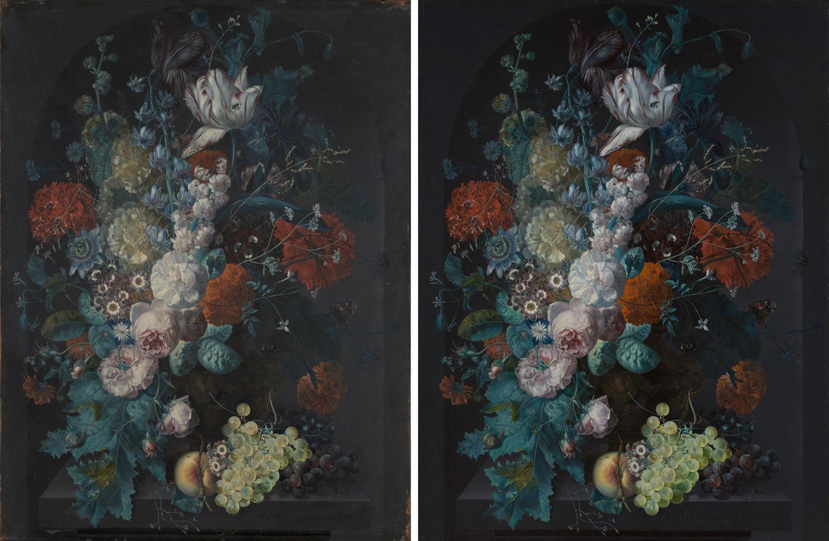 Views of Margareta Haverman's "A Vase of Flowers" before conservation treatment (left) and after (right)