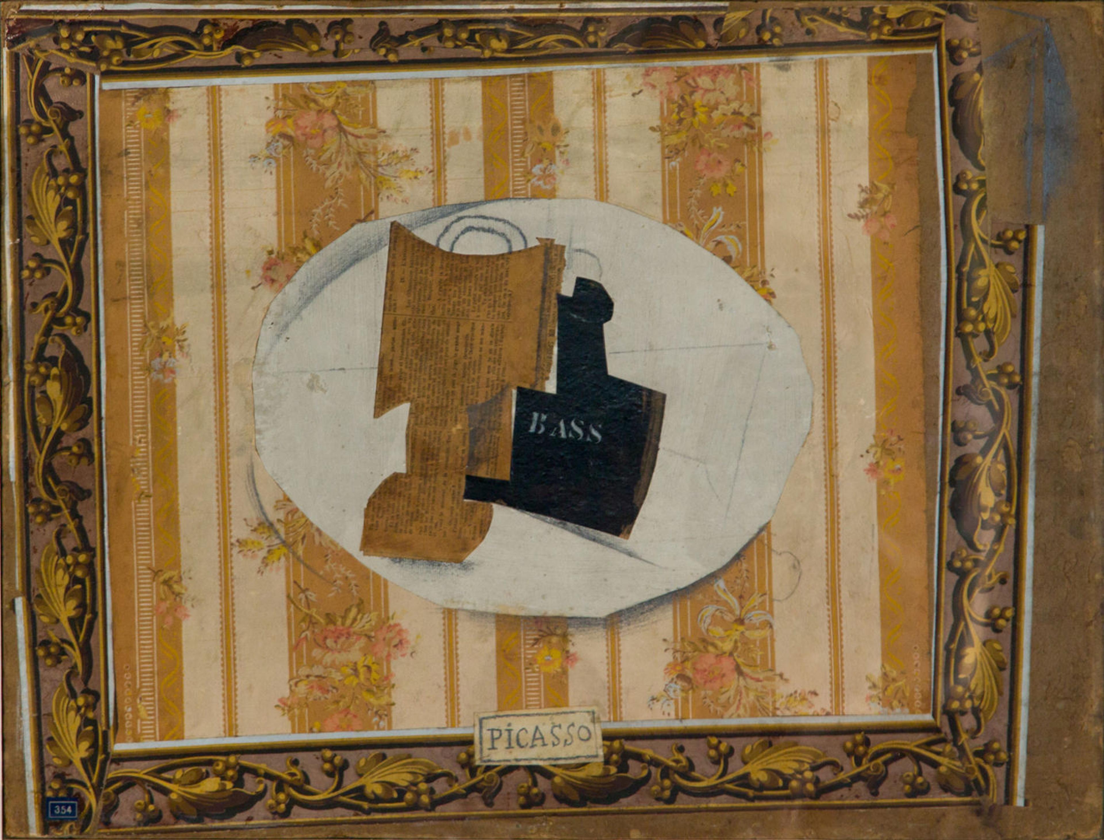Abstract collage of newspaper, wallpaper and a black bottle with the word Bass