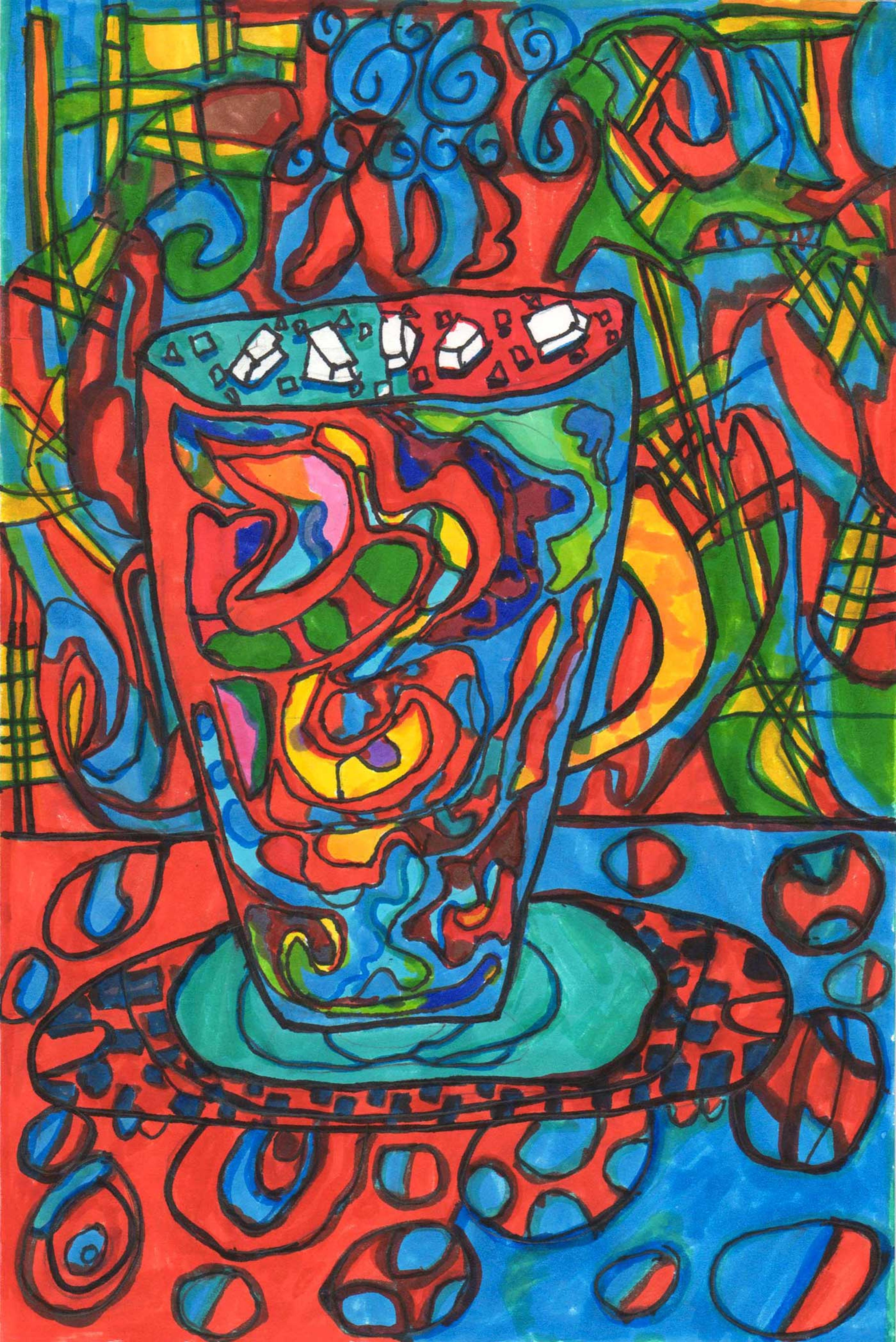 Colorful drawing of a coffee cup on a table using different patterns.