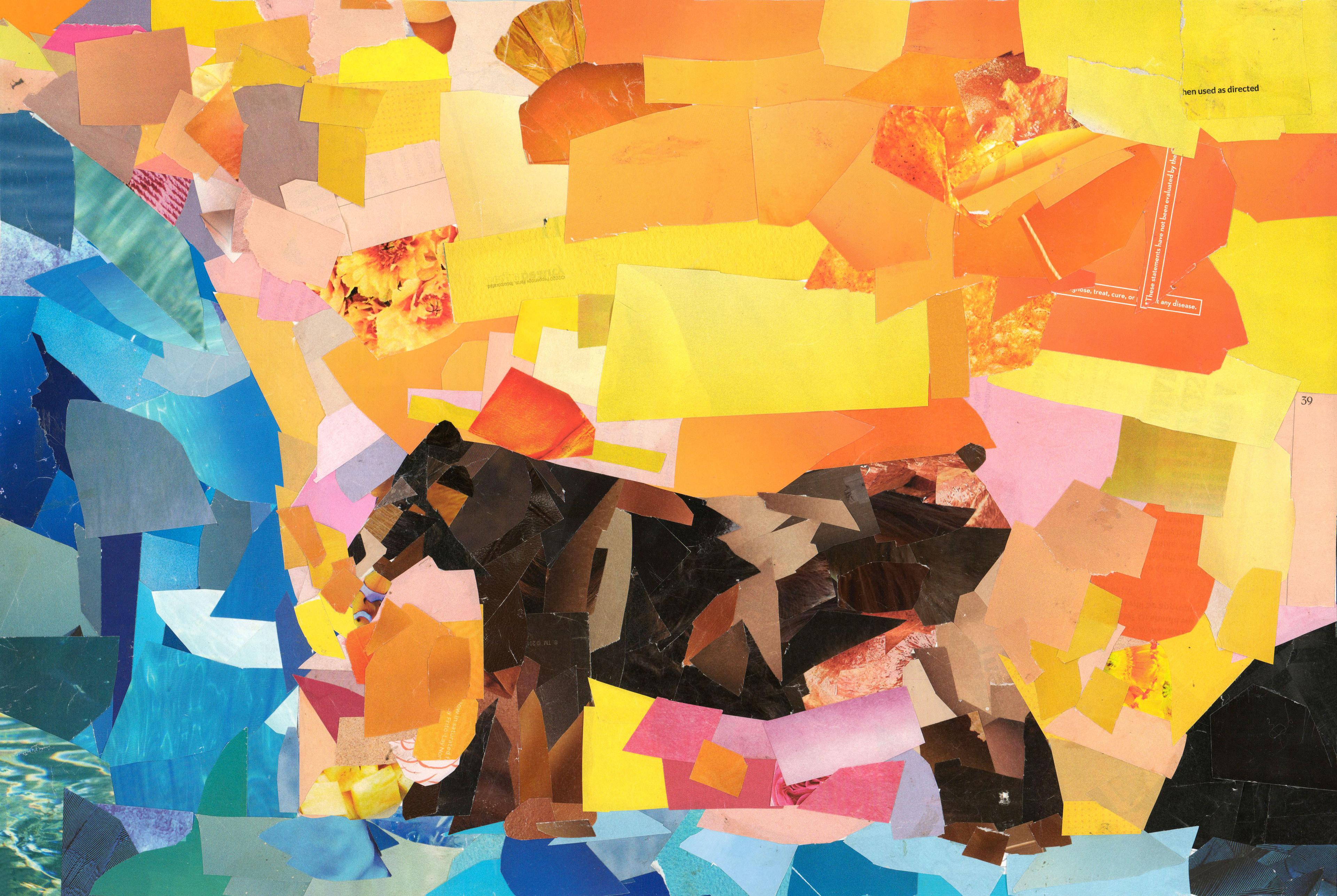 Collage of a brown bear standing at a blue waterfall in front of a bright yellow and orange background. The entire collage is composed of pasted geomtetric shapes. The bear faces left and leans over the blue water, looking for salmon to snatch with its jaws.