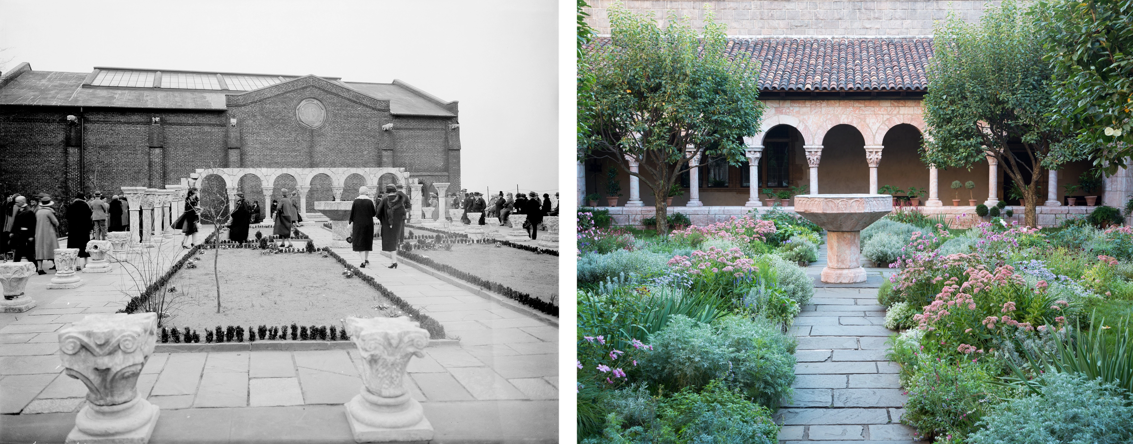 At left, archival view of the Cuxa Cloisters framing an exterior, concrete patio. right, interior courtyard with stone arches, columns, and a flower-filled garden.