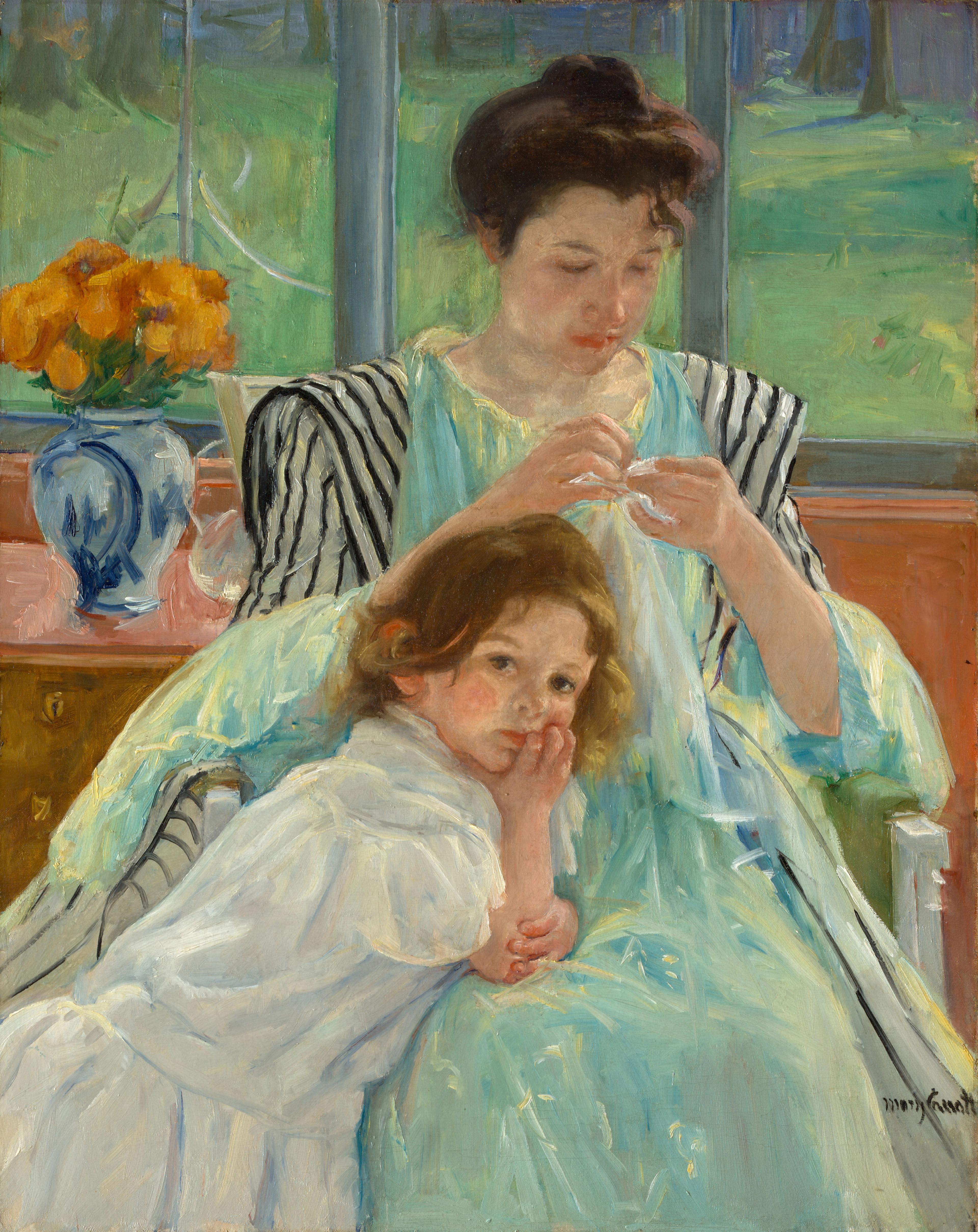 Soft colors and gentle light emphasize this calm domestic scene of a woman sewing by a window with a young child resting against her lap.