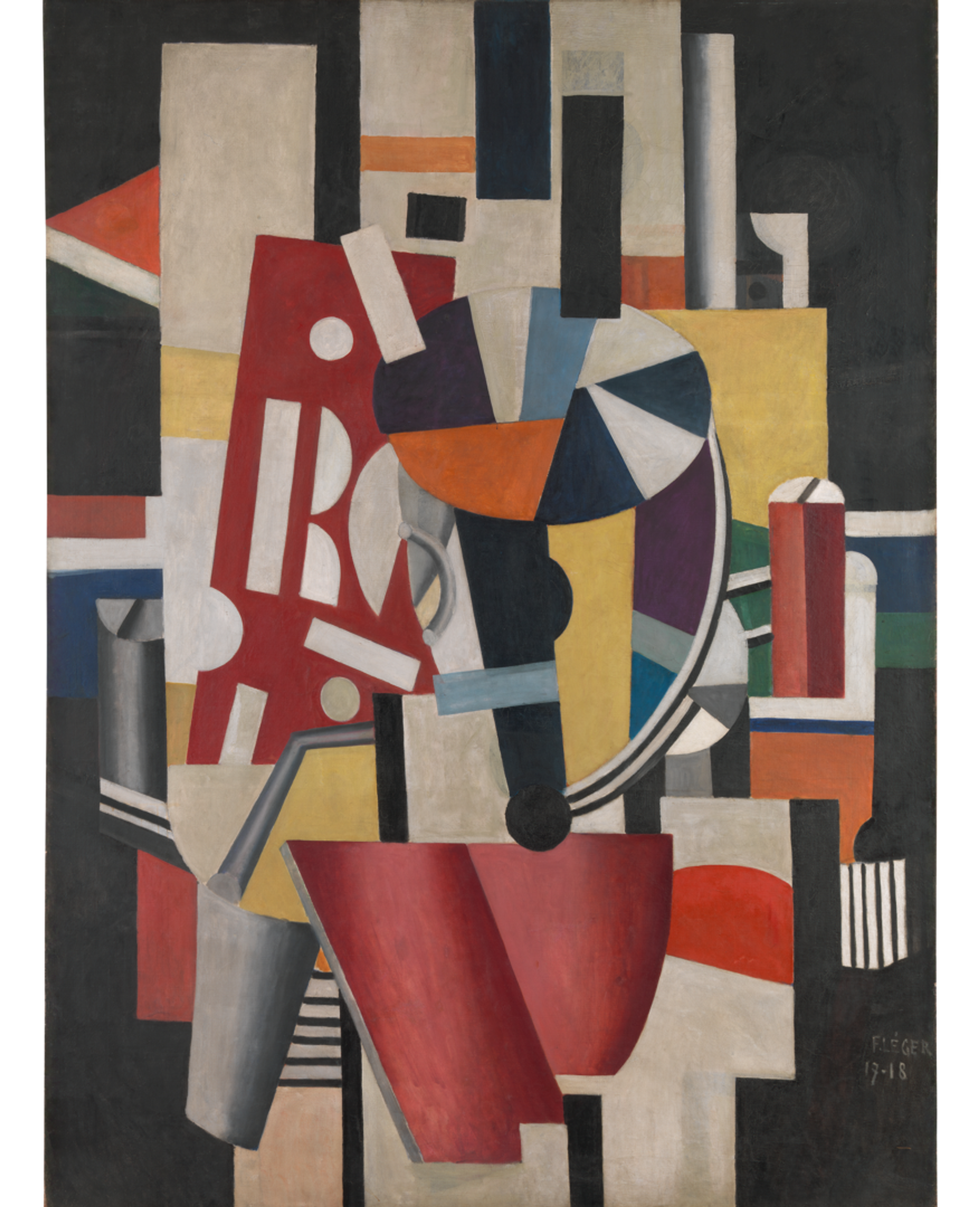 Oil painting with red, yellow, and black geometric cylinders and rectangles combine to form a worker typesetting the letters in front of him