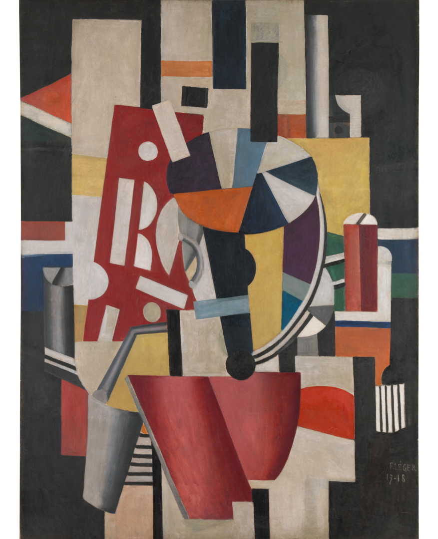 Oil painting with red, yellow, and black geometric cylinders and rectangles combine to form a worker typesetting the letters in front of him