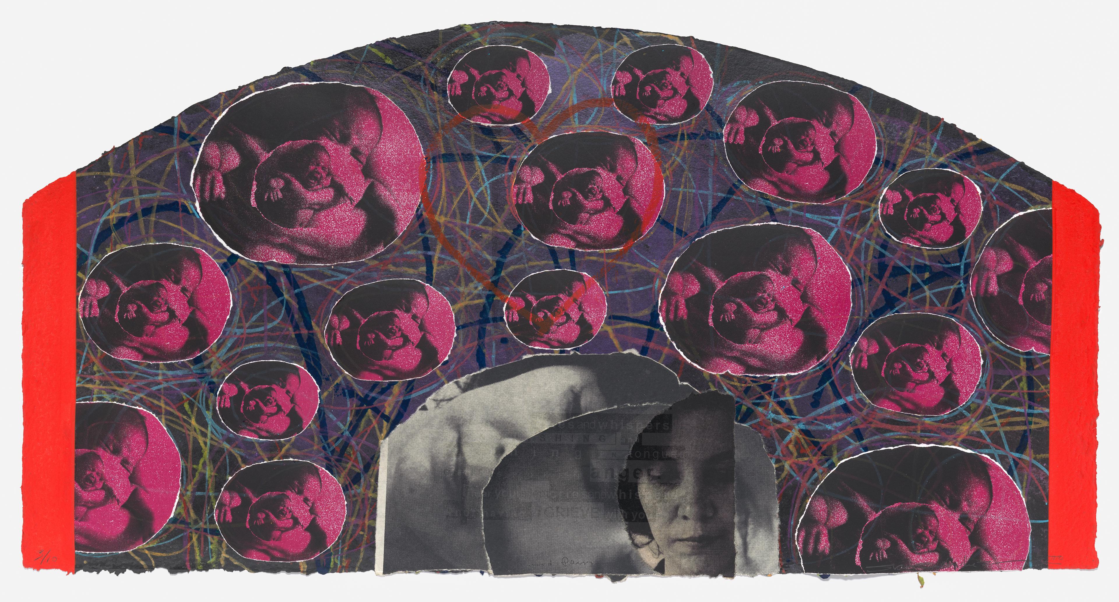 Mixed media collage with colorful, scriggly lines in the background, a circular pattern with an image of a baby, and black-and-white photographs of a woman.
