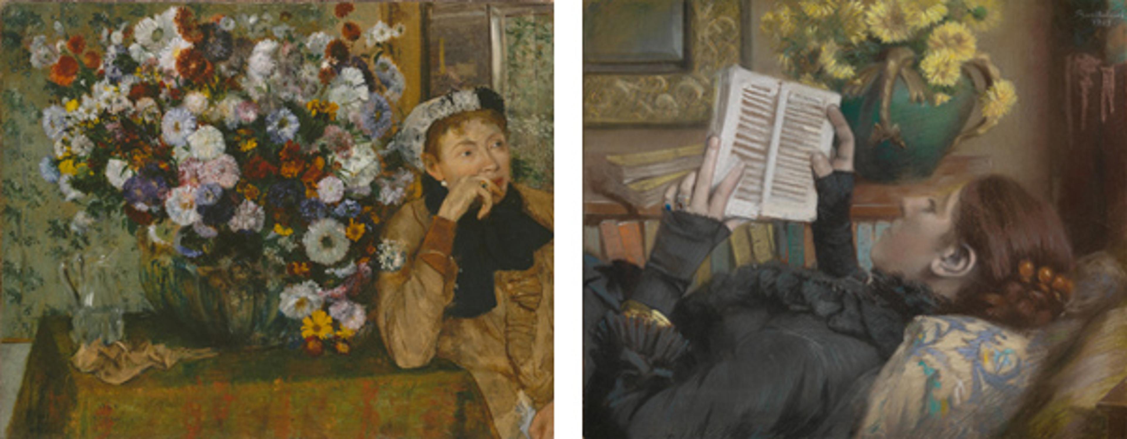 Left: Edgar Degas (French, 1834–1917). A Woman Seated beside a Vase of Flowers (Madame Paul Valpinçon?), 1865. Oil on canvas; 29 x 36 1/2 in. (73.7 x 92.7 cm). The Metropolitan Museum of Art, New York, H. O. Havemeyer Collection, Bequest of Mrs. H. O. Havemeyer, 1929 (29.100.128). Right: Albert Bartholomé (French, 1848–1928). The Artist's Wife (Périe, 1849–1887) Reading, 1883. Pastel and charcoal on wove paper, laid down on blue wove paper, laid down on stretched canvas; 19 7/8 x 24 1/8 in. (50.5 x 61.3 cm). The Metropolitan Museum of Art, New York, Catharine Lorillard Wolfe Collection, Wolfe Fund, 1990 (1990.117)