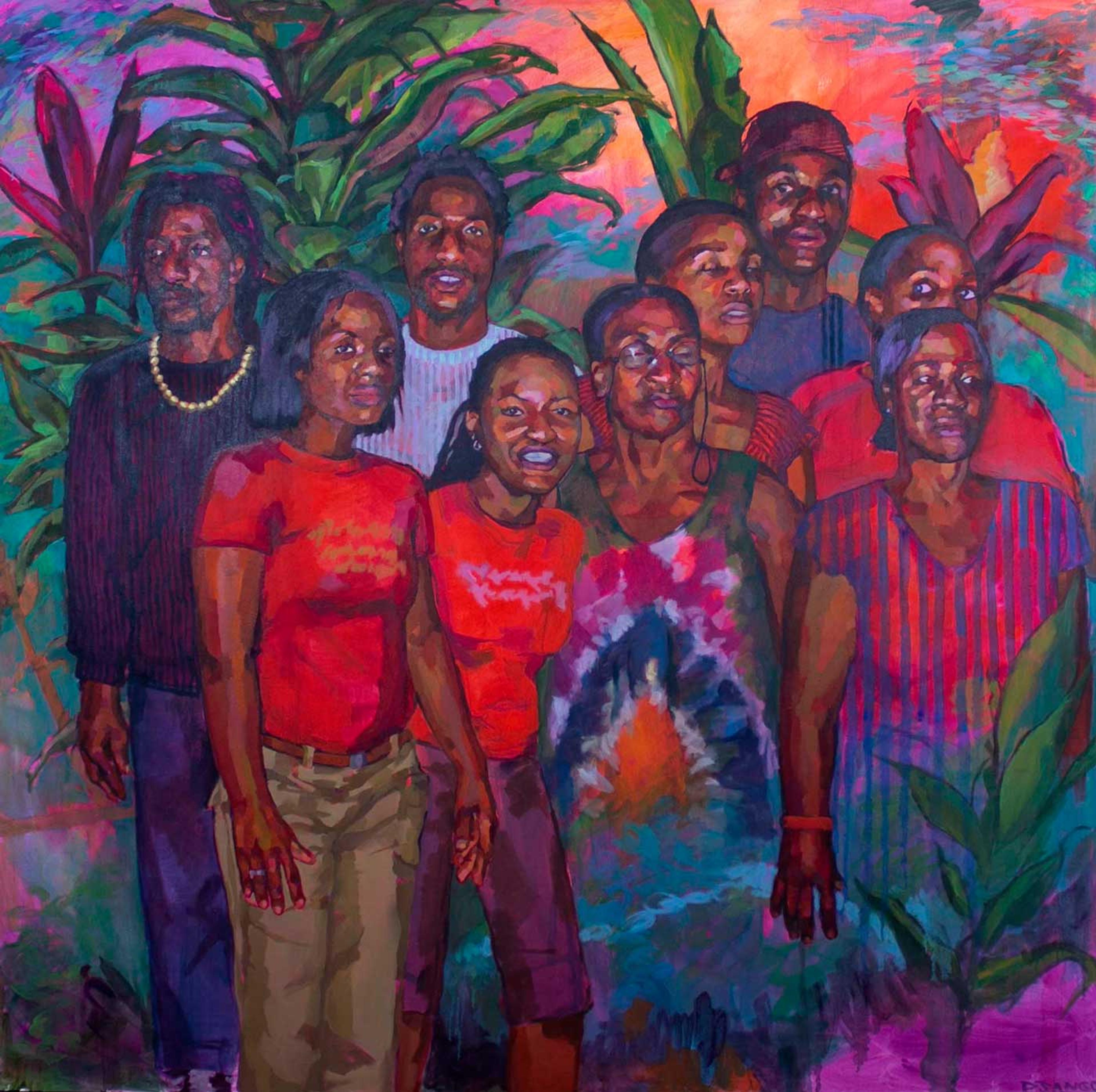 Painting of a family of eight people on a bright pink background with trees.