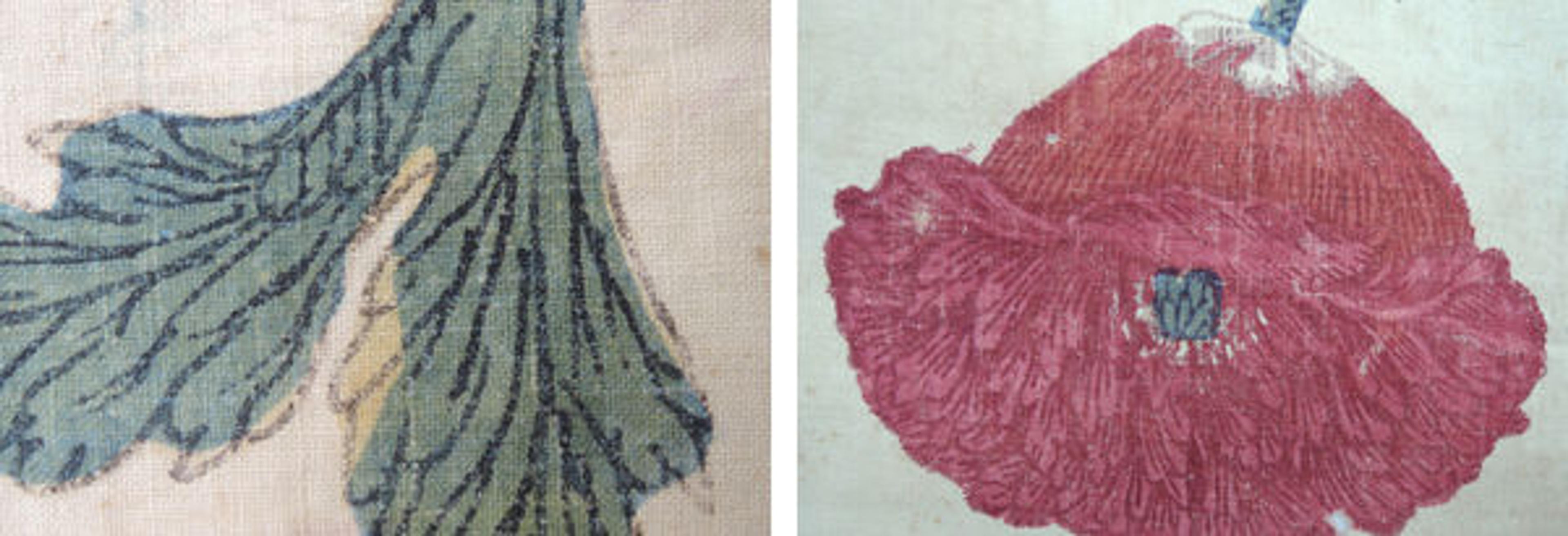 Fig. 1. Detail of flowering poppy plant (left) and leaf (right) highlighting the mordant and dye painting by hand (1982.239b). Photo by Yael Rosenfield