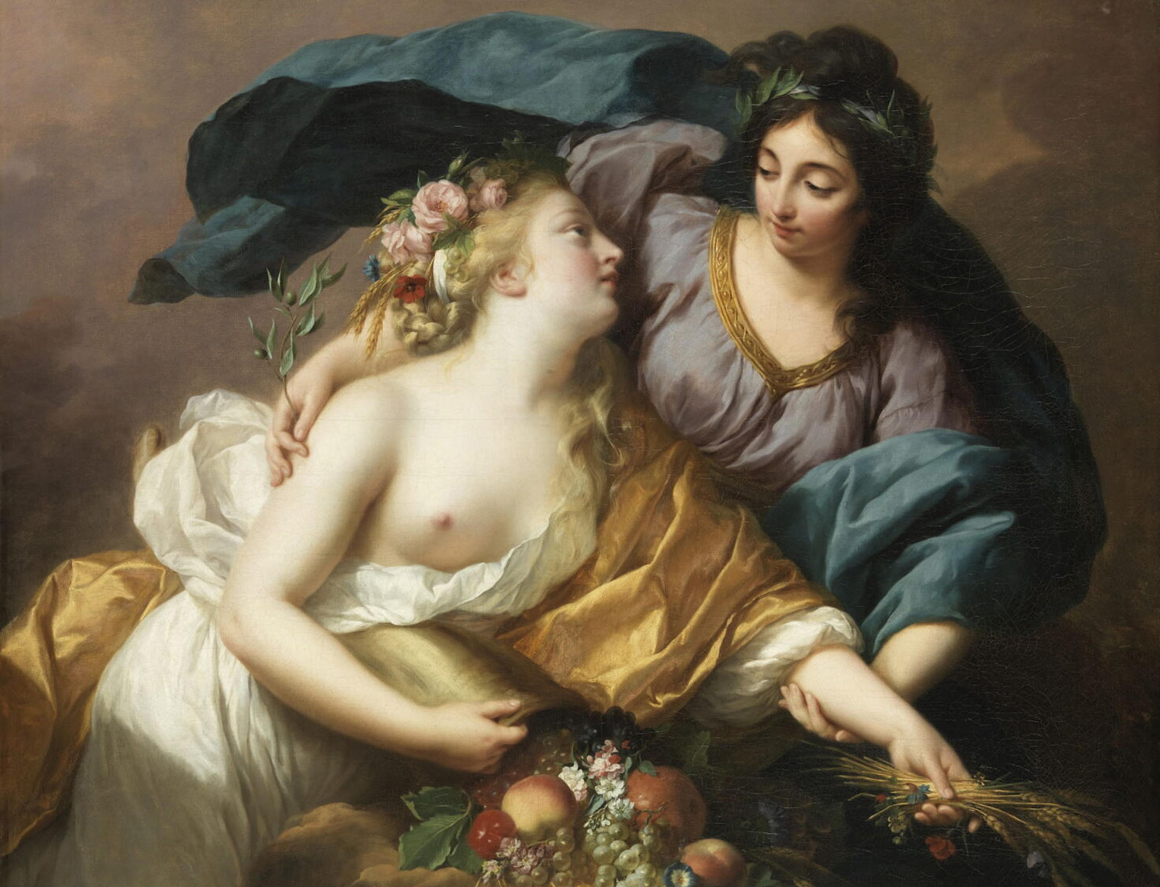 classical painting shows two women with flowing garments, one with a flower crown leaning toward the other, who wears a laurel wreath. They cradle a cornucopia filled with fruit and flowers