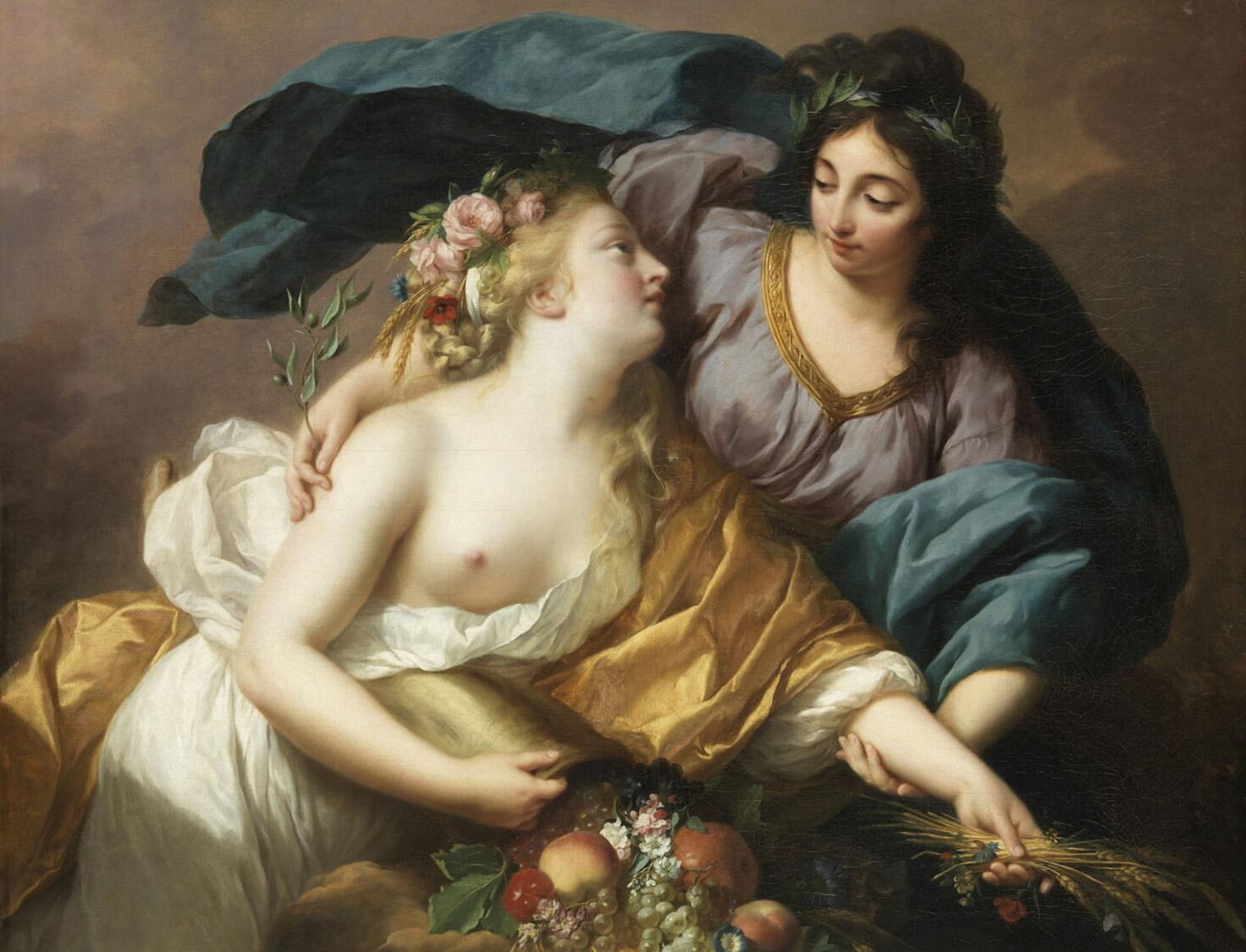 classical painting shows two women with flowing garments, one with a flower crown leaning toward the other, who wears a laurel wreath. They cradle a cornucopia filled with fruit and flowers
