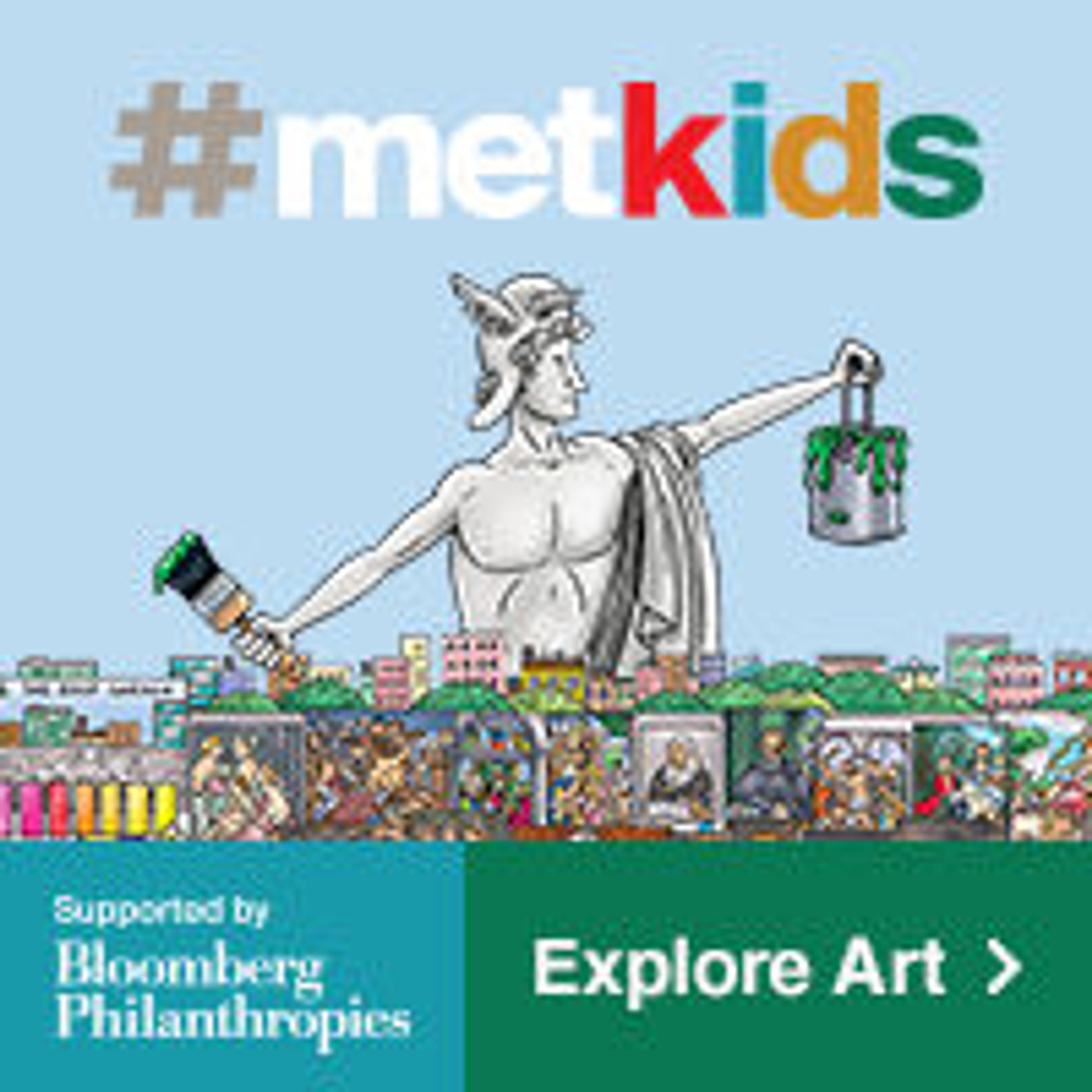 MetKids brand image of Greek hero Perseus holding up paint can