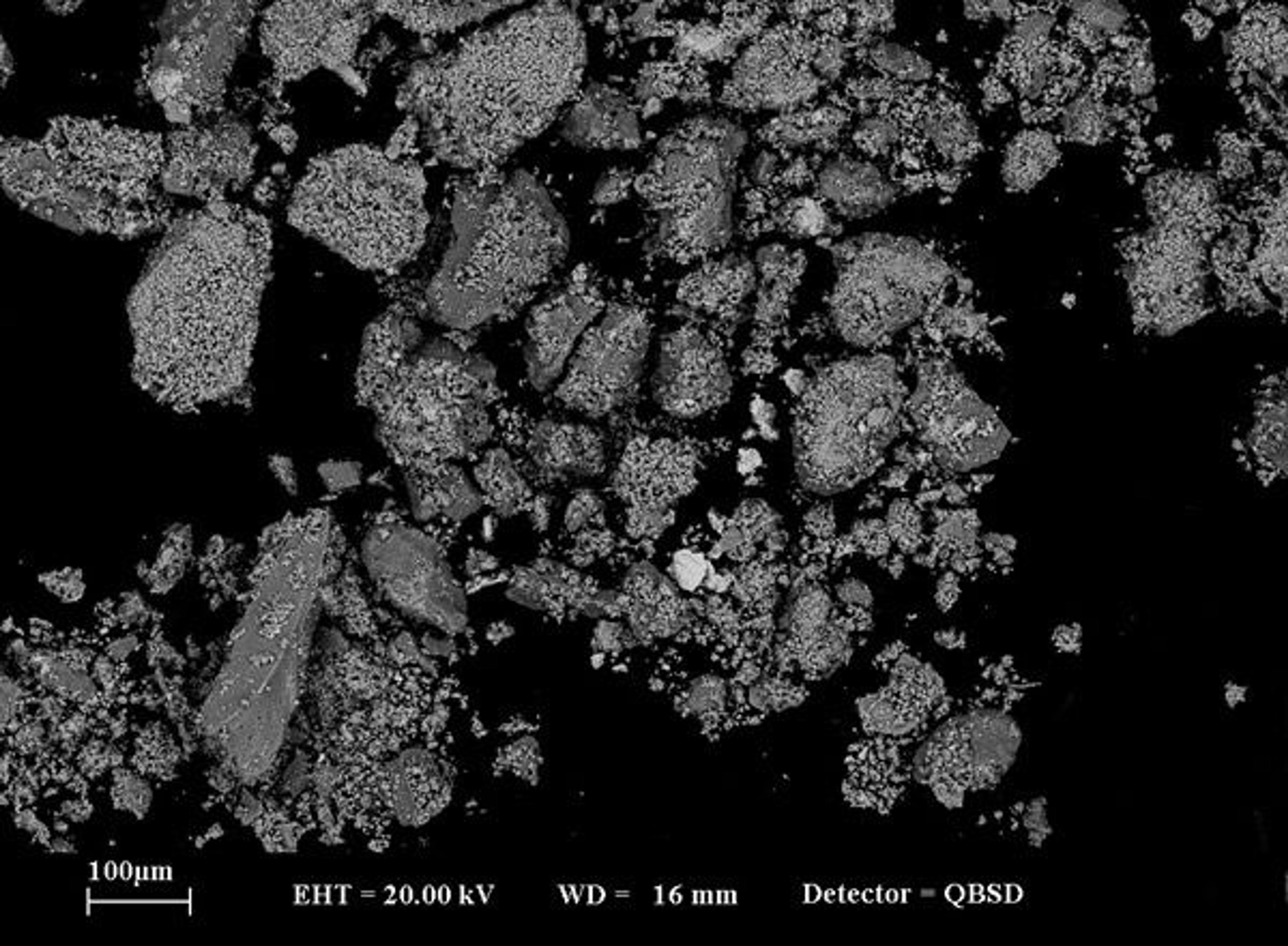 Fig. 4. Back-scattered electron (BSE) image of the sample from the bottom of the drill hole taken at 200X. At this magnification it is possible to distinguish several angular particles 50–200 μm in size, surrounded by much finer particles <10 μm.