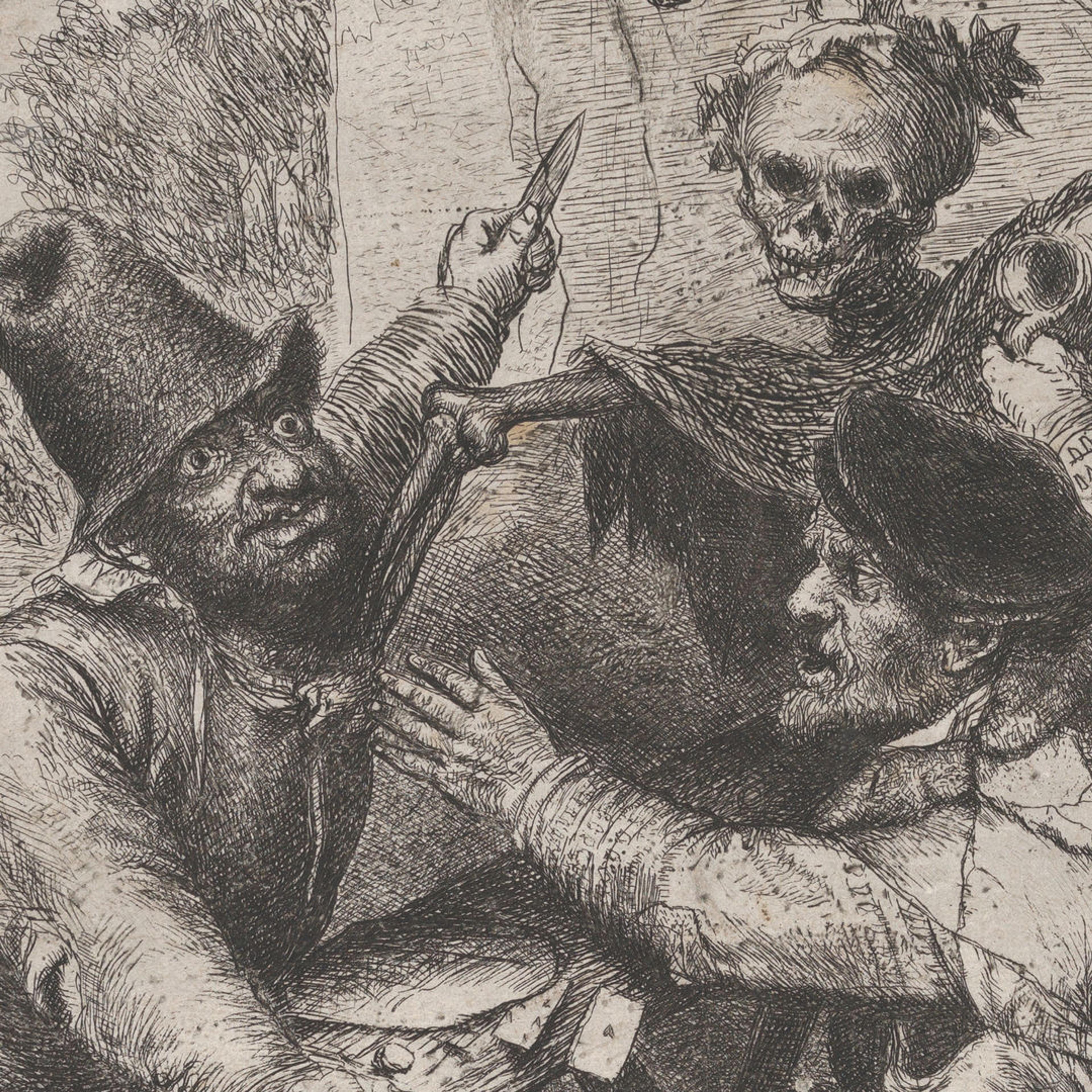 17th century etching of two peasant card players and a skeleton representing death