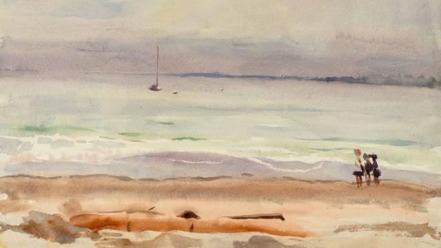 A serene beach watercolor painting, showing a distant sailboat on calm waters. Two figures walk along the sandy shore under a cloudy sky. Peaceful mood.