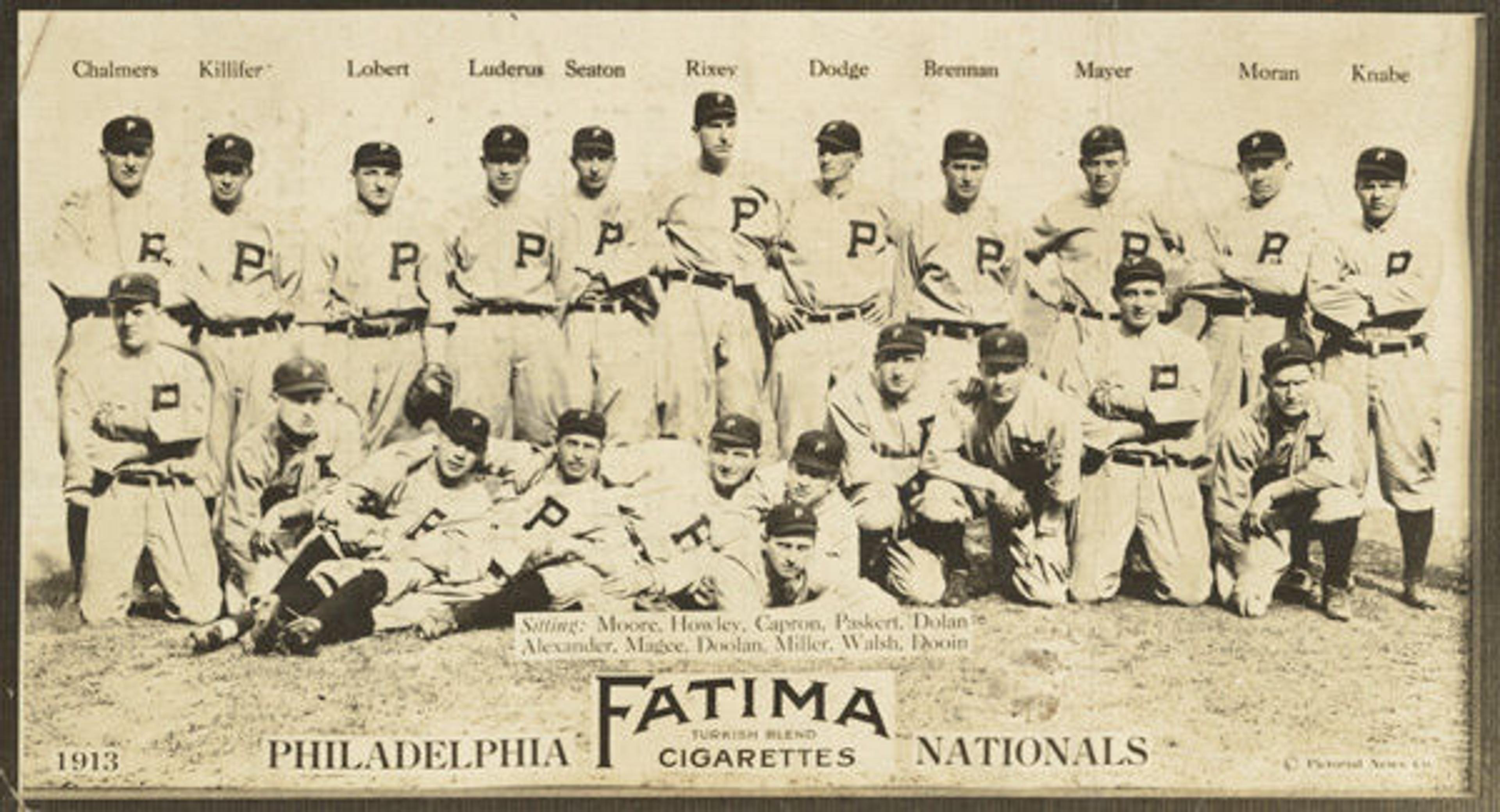 Liggett & Myers Tobacco Company (American, North Carolina). Philadelphia Phillies, National League, from the Baseball Team series (T200), issued by Liggett & Myers Tobacco Company to promote Fatima Turkish Blend Cigarettes, 1913. Photograph; sheet: 2 11/16 x 4 3/4 in. (6.9 x 12.1 cm). The Metropolitan Museum of Art, New York, The Jefferson R. Burdick Collection, Gift of Jefferson R. Burdick (63.350.246.200.14). Photographic copyright, The Pictorial News Co.