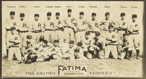 Liggett & Myers Tobacco Company (American, North Carolina). Philadelphia Phillies, National League, from the Baseball Team series (T200), issued by Liggett & Myers Tobacco Company to promote Fatima Turkish Blend Cigarettes, 1913. Photograph; sheet: 2 11/16 x 4 3/4 in. (6.9 x 12.1 cm). The Metropolitan Museum of Art, New York, The Jefferson R. Burdick Collection, Gift of Jefferson R. Burdick (63.350.246.200.14). Photographic copyright, The Pictorial News Co.