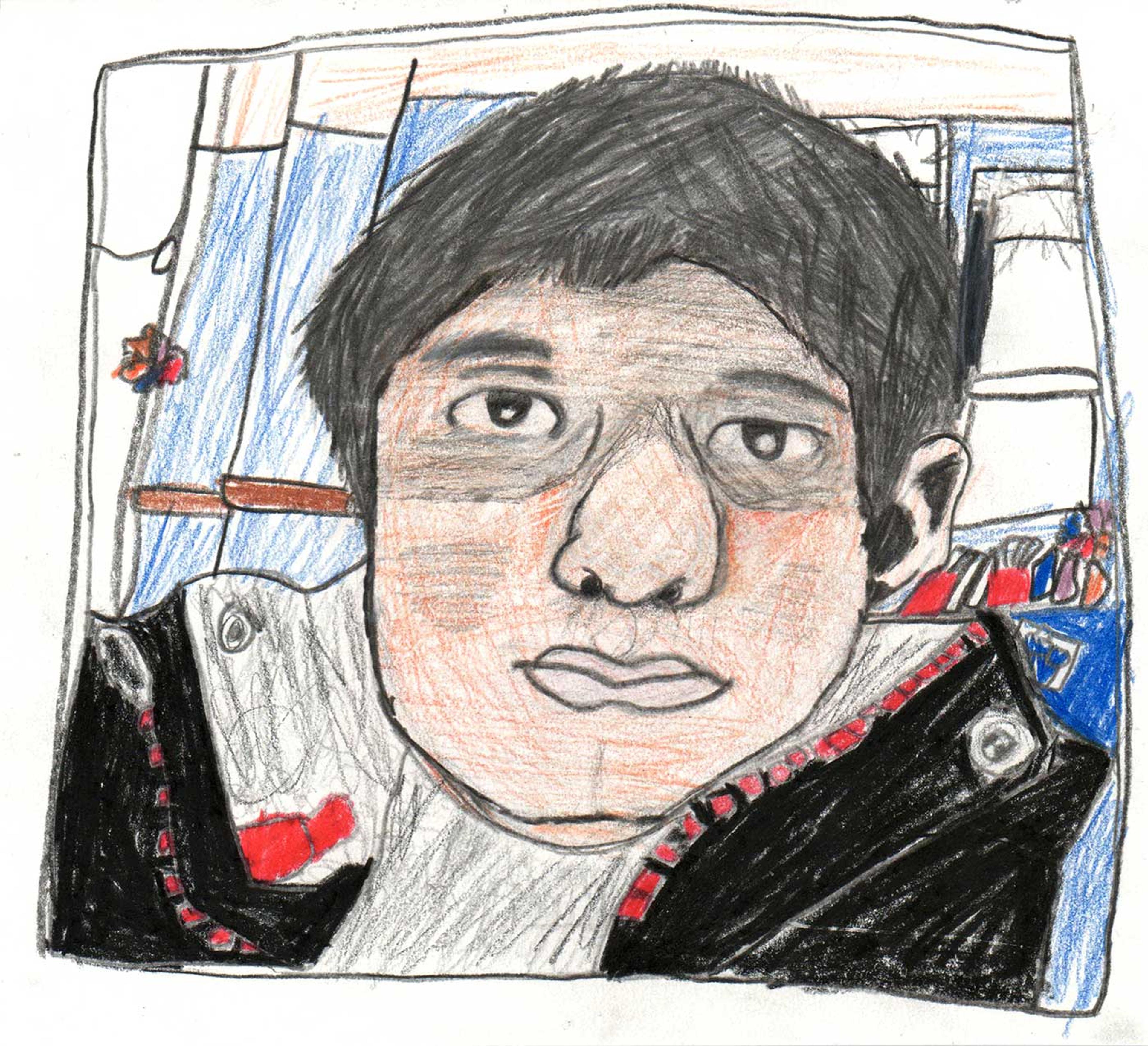 Drawing of a young boy with black hair.