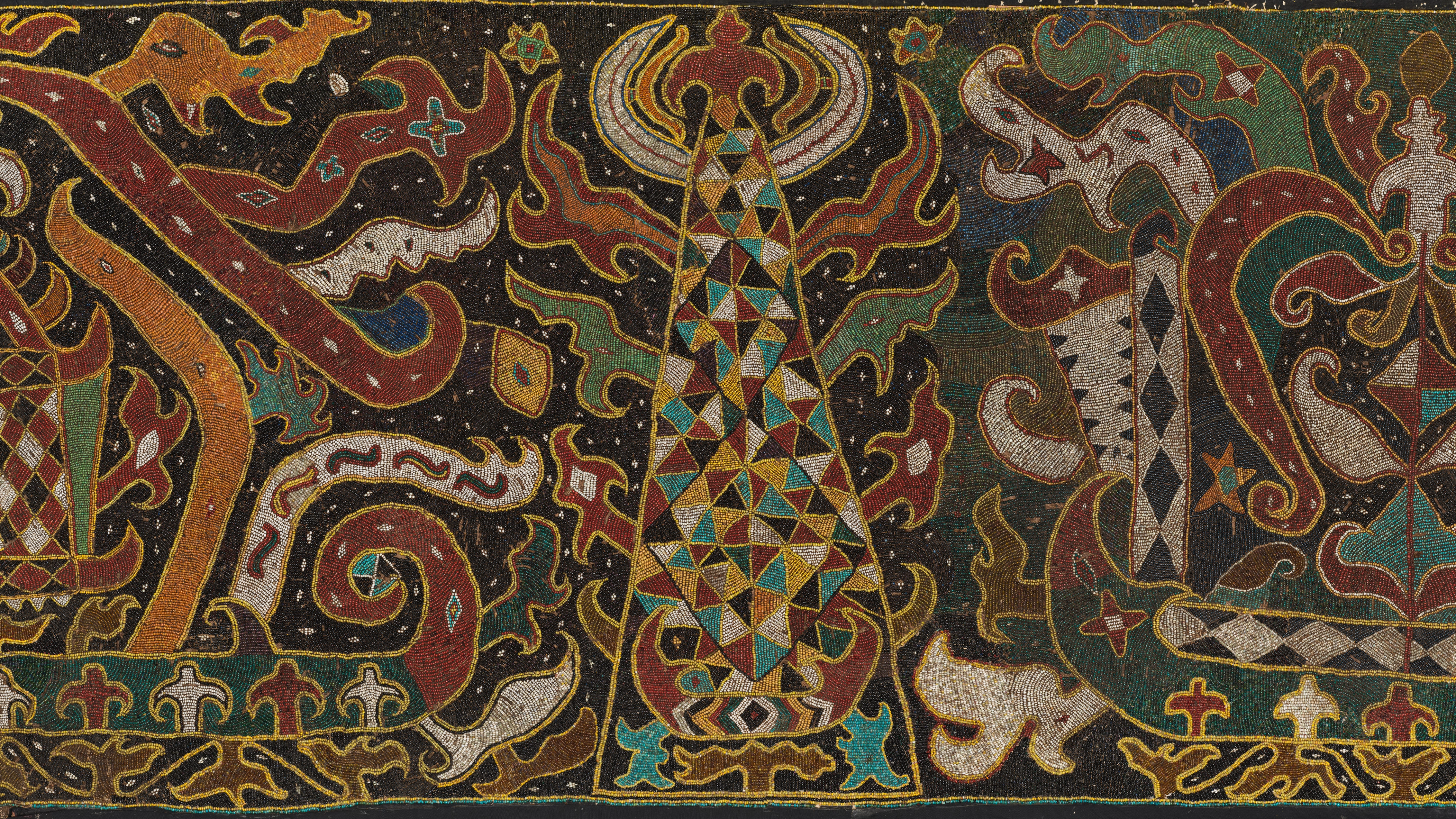 Palepai maju showing a colorful design of two ships converging on a central tower with emanating flames