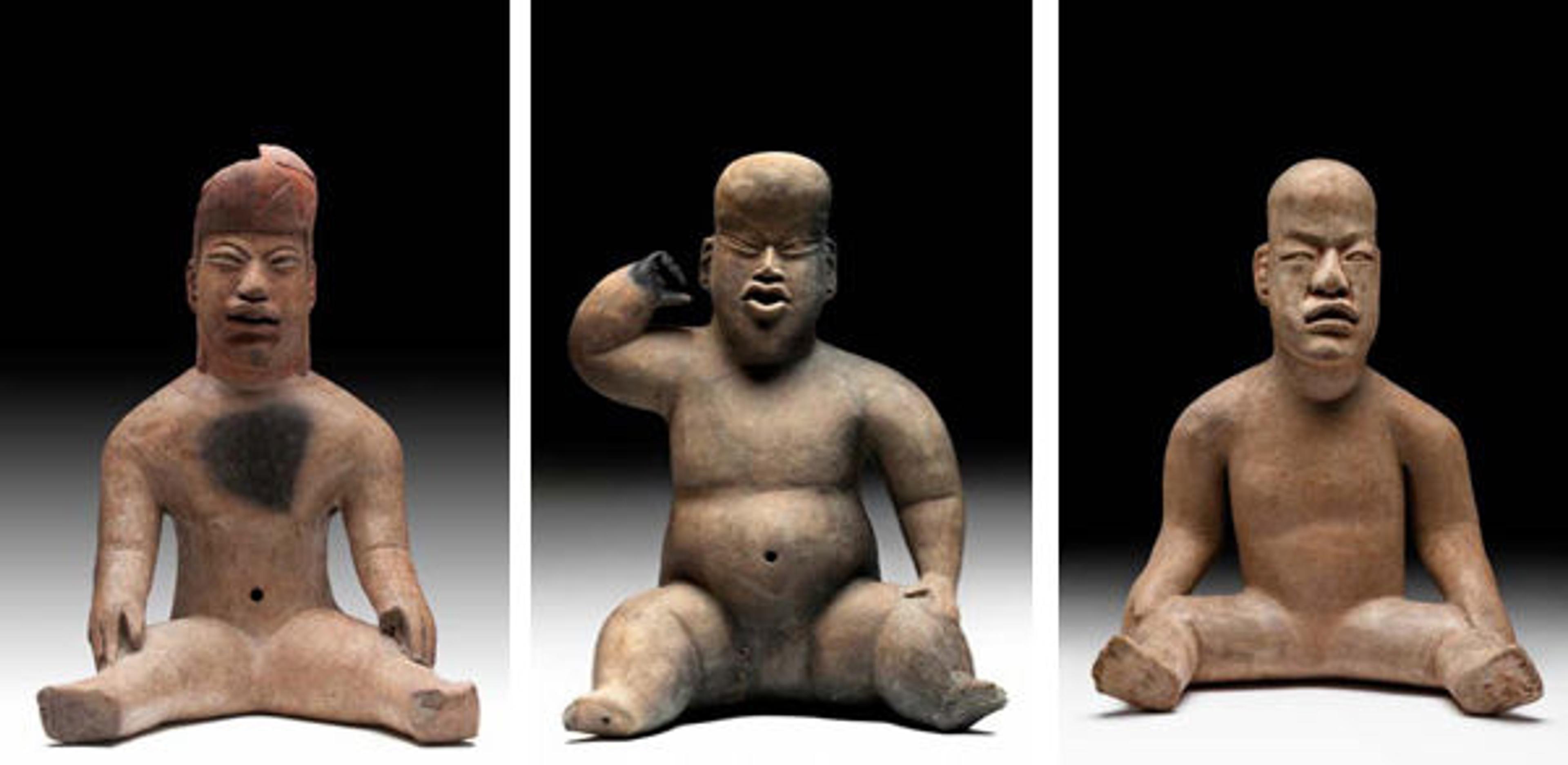Fig. 2. Seated figures from the collections of the Museo Nacional de Antropología, Mexico. Left: Seated figure. Central Highlands. H. 40.9 x W. 29.2 x D. 23.4 cm. Center: Seated figure. Tlapacoya. H. 44 x W. 33.3 x D. 22.9 cm. Right: Seated figure. La Cruz del Milagro, Veracruz. H. 30.3 x W. 24.6 x D. 16.5 cm