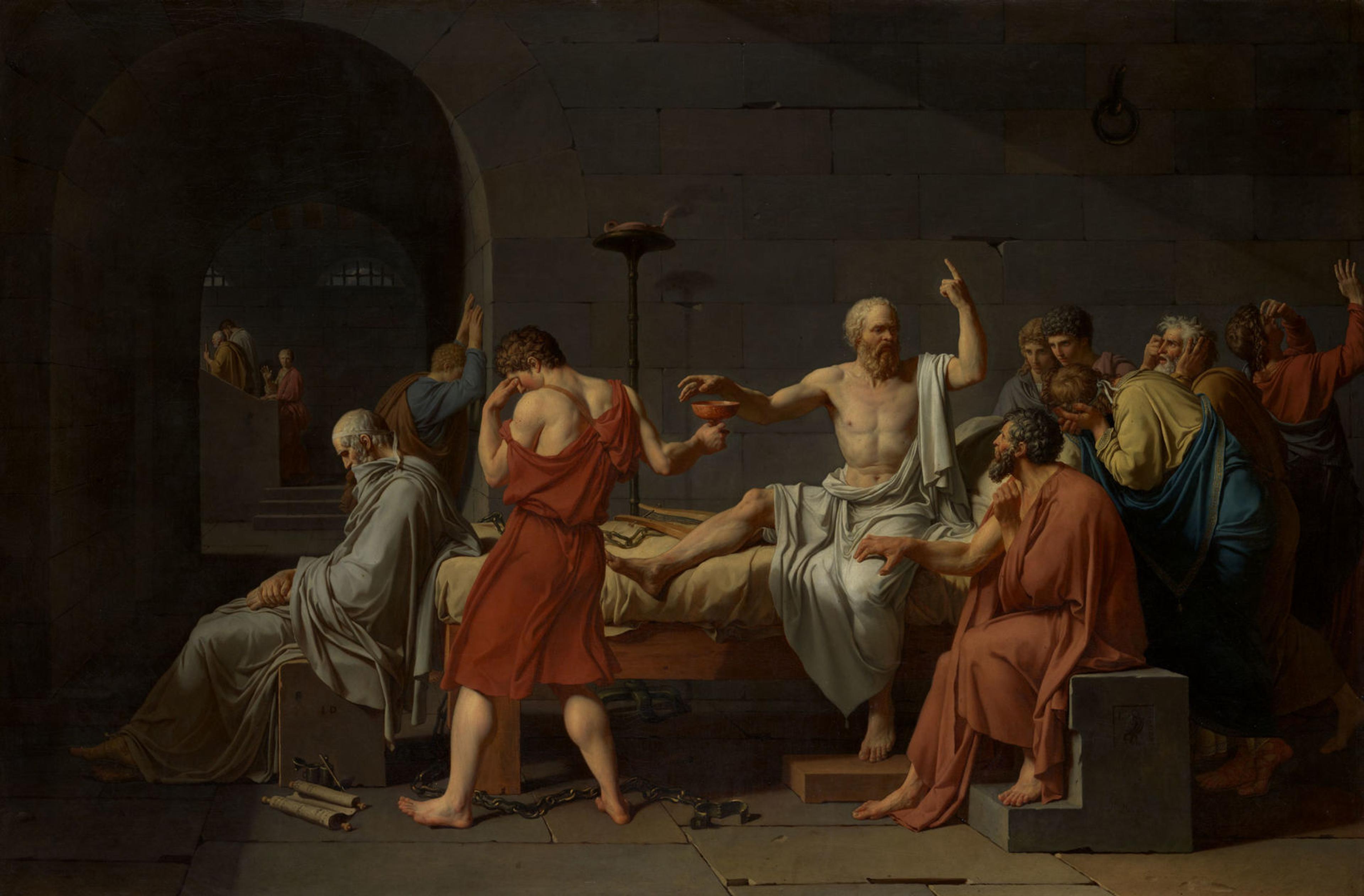 Jacques Louis David's "Death of Socrates" showing a group of men surrounding a central figure, Socrates, speaking to them with a serious facial expression