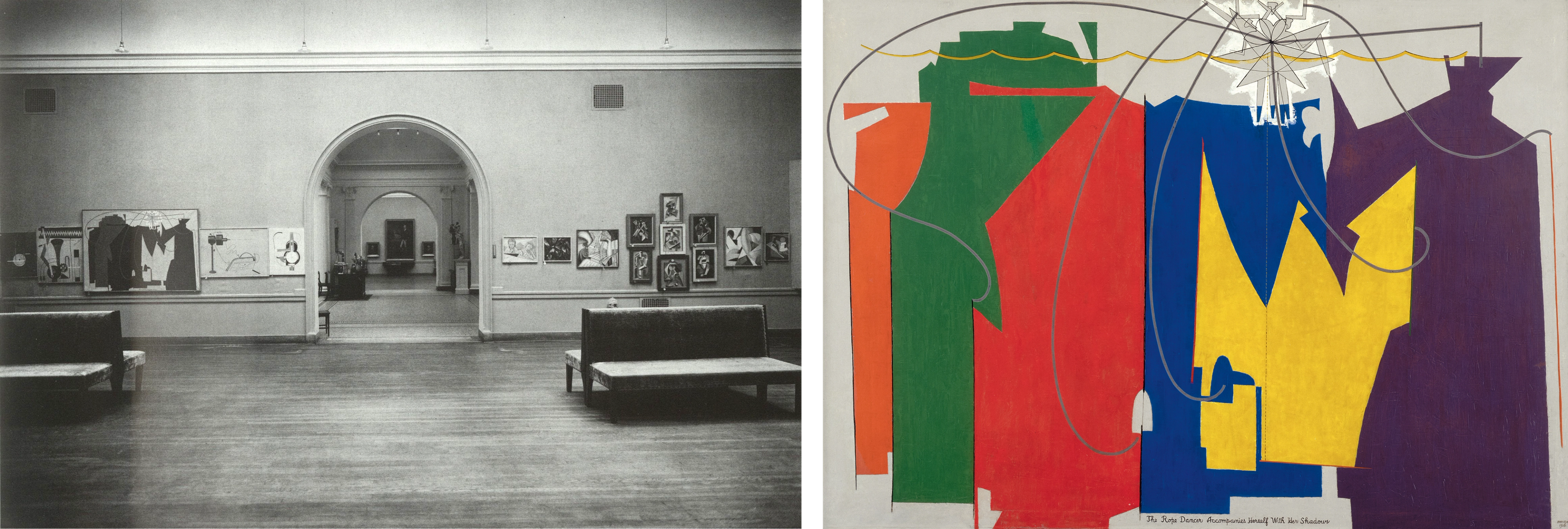A diptych with a black-and-white photograph of a museum gallery displaying paintings on the left, and a colorful painting that can be seen in the gallery on the right.