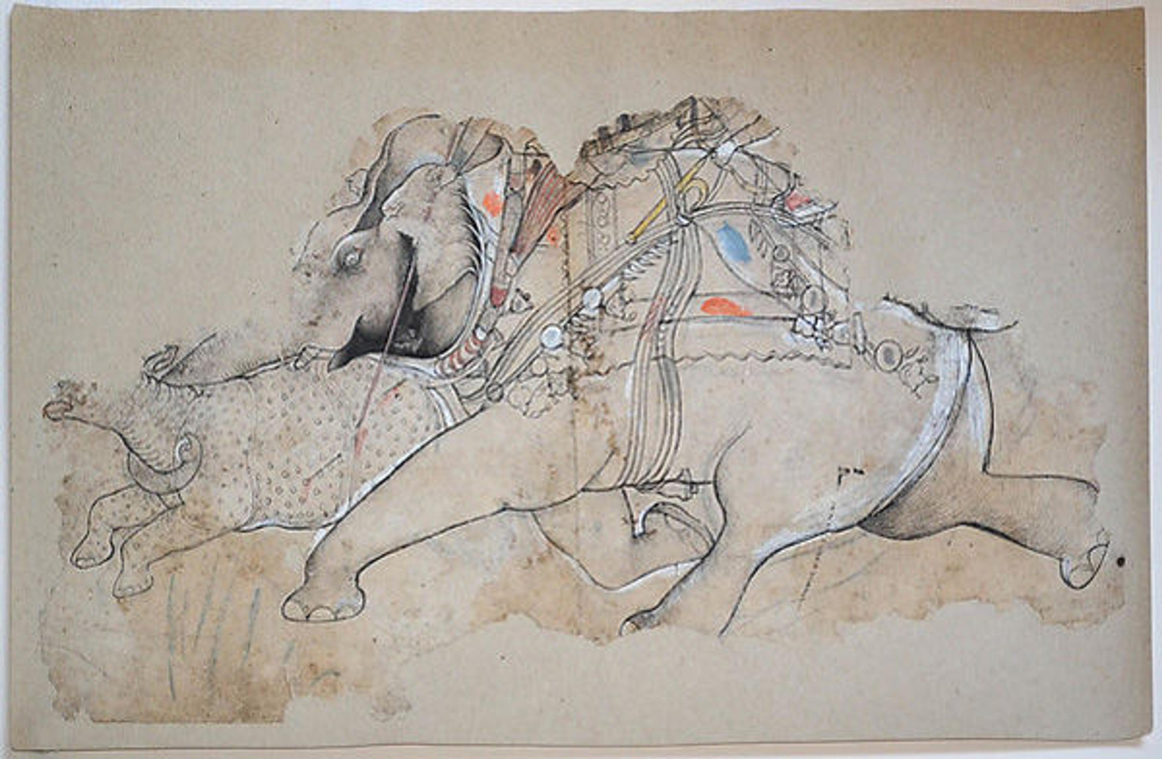 Attributed to The Kota Master (Indian, active early 18th century). Study for Rao Ram Singh I Hunting Rhinoceros on an Elephant, ca. 1690–1700. Western India, Rajasthan, Kota. Ink with touches of color over charcoal underdrawing on paper; 10 1/2 x 19 7/8 in. (26.7 x 50.5 cm). Lent by Terence McInerney