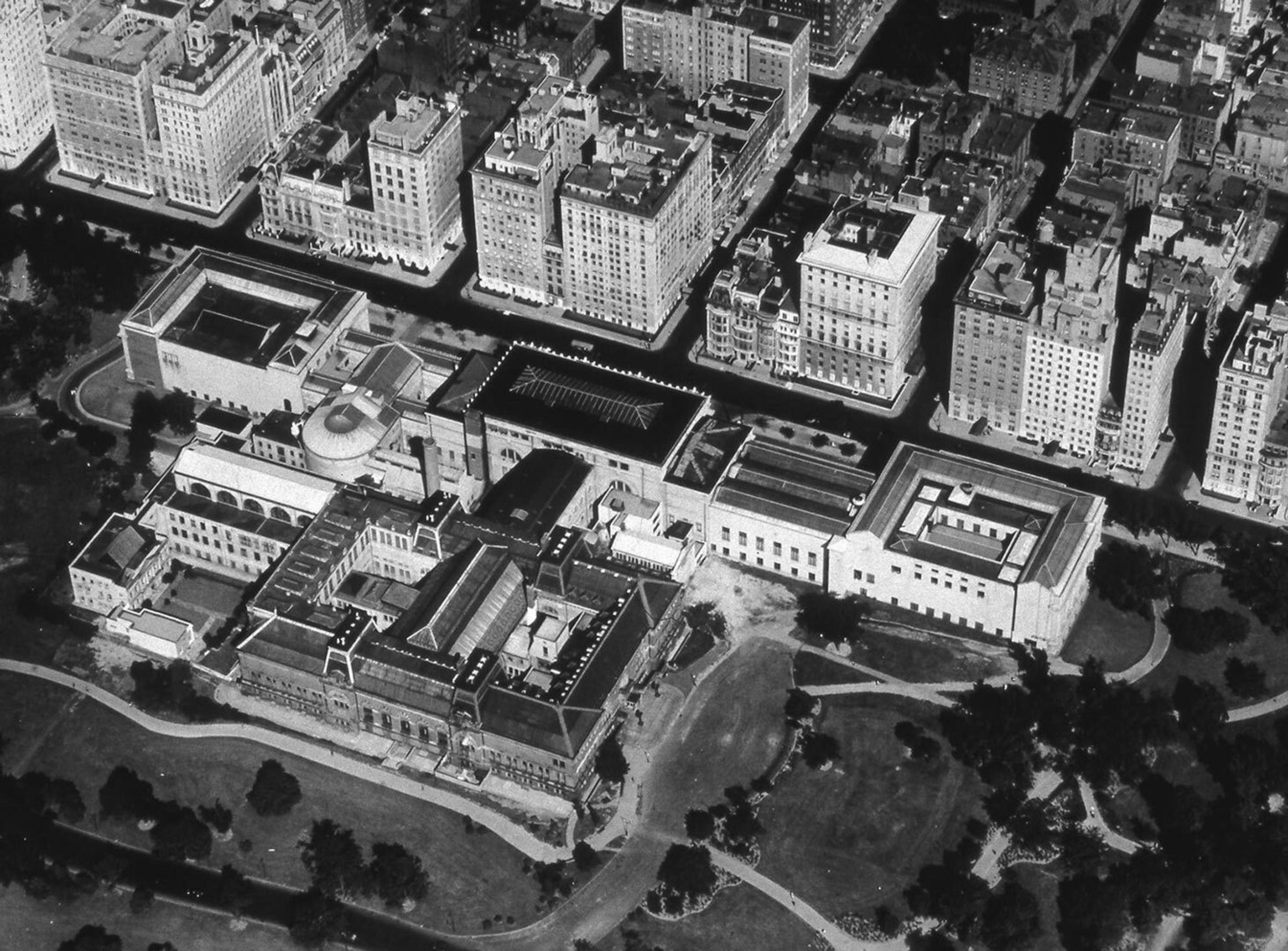 A black and white aerial photo of The Met
