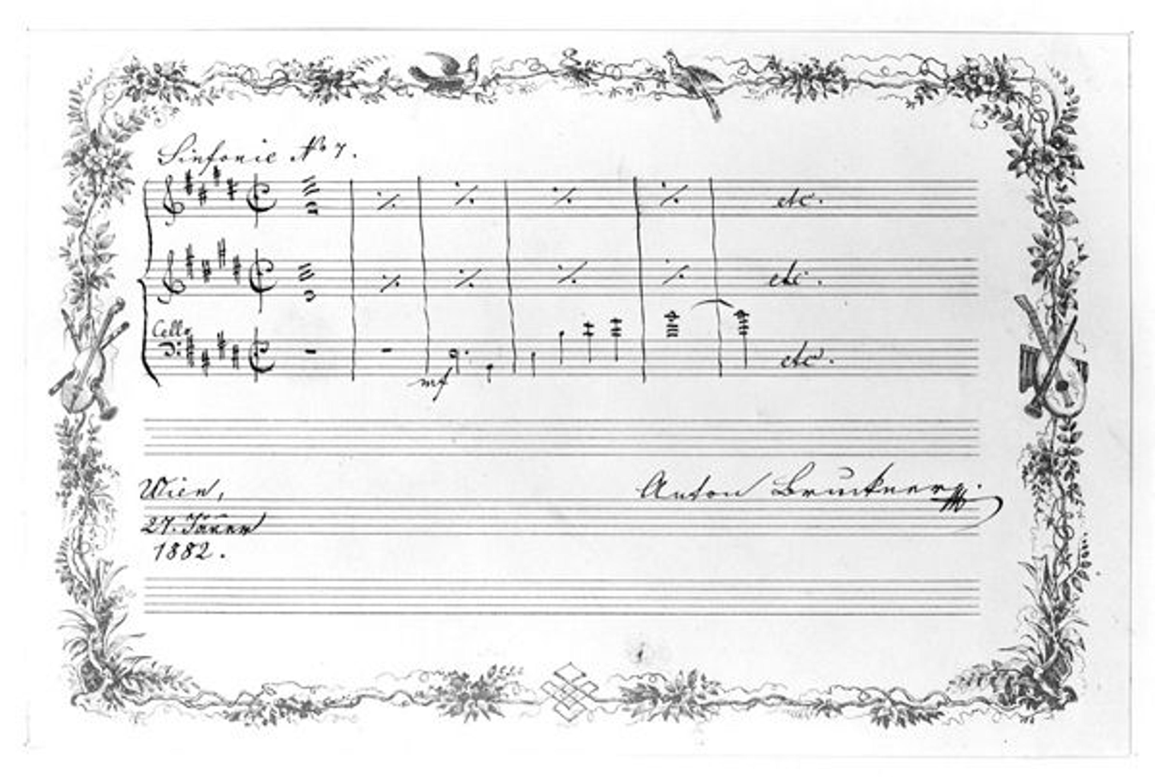 The opening phrase of Anton Bruckner's Seventh Symphony, signed by the composer. Image courtesy of the Brown Family Archives