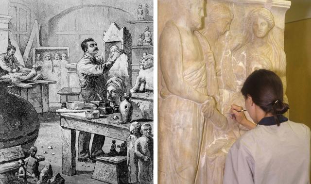 Left: An illustration of Charles Balliard in his workshop from Harper's New Monthly Magazine. Right: A conservator treating a late Classical Greek funerary stele with a handheld tool.