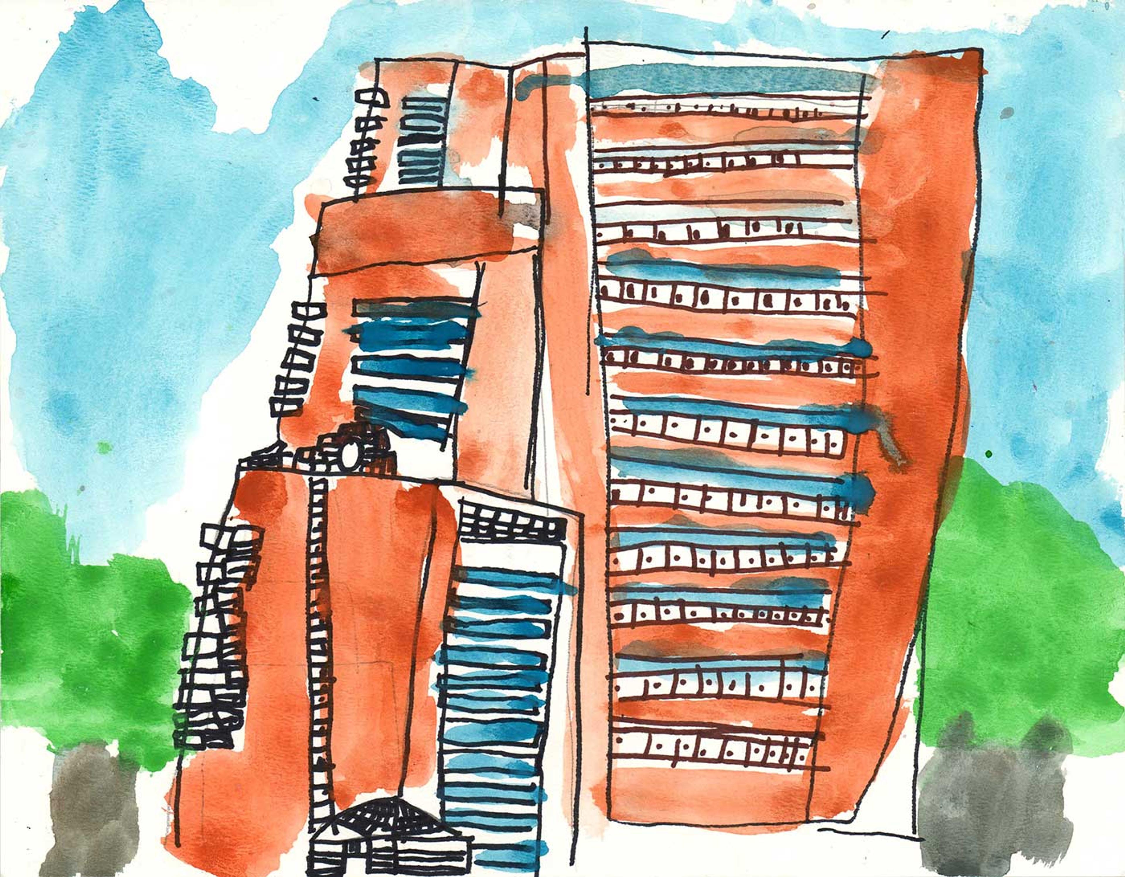 Painting of a building on a blue background.