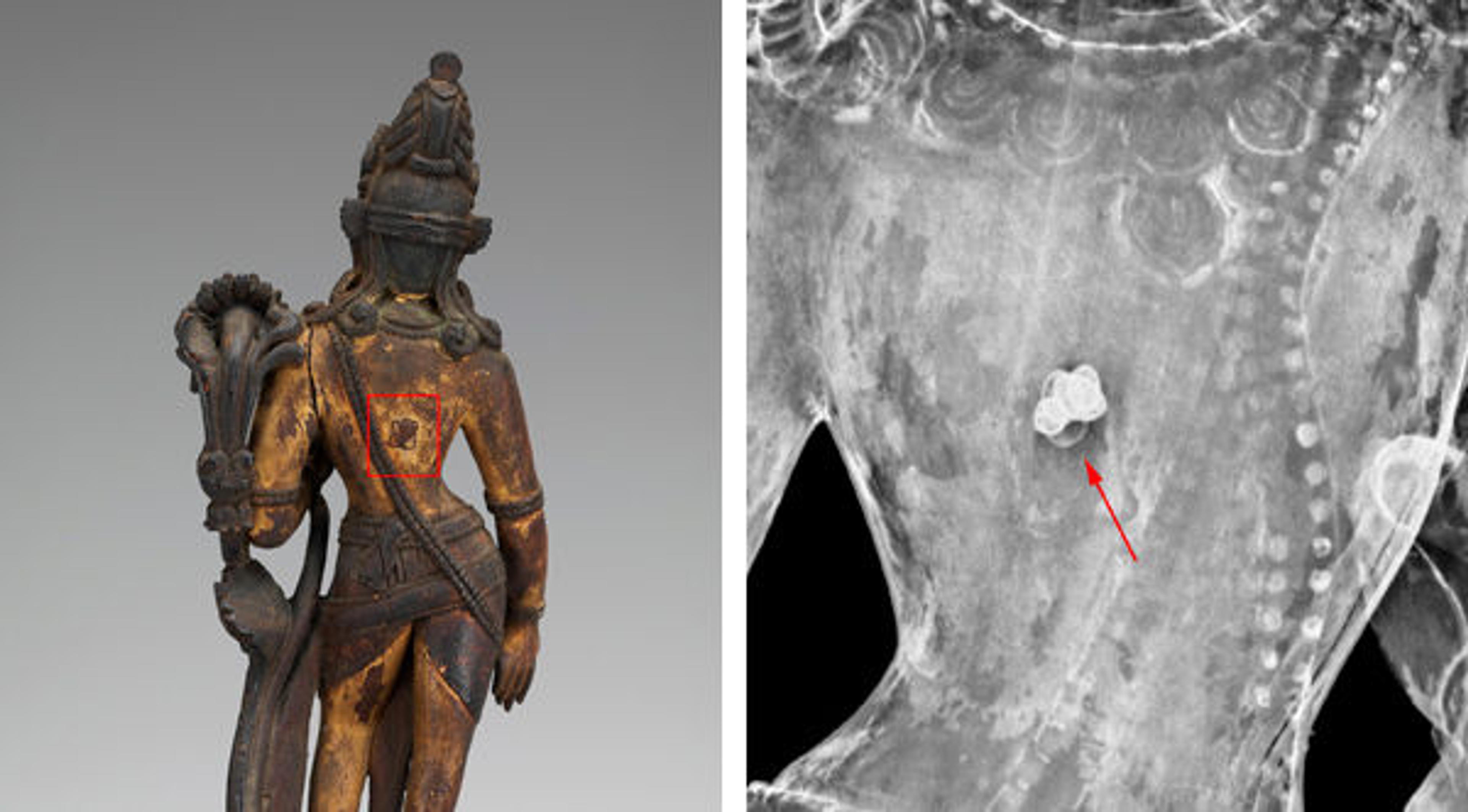 Left: Back of the figure with plug hinting the presence of consecration material (red frame). Right: X-ray radiograph detail of consecration material in the shape of small discs (arrow)