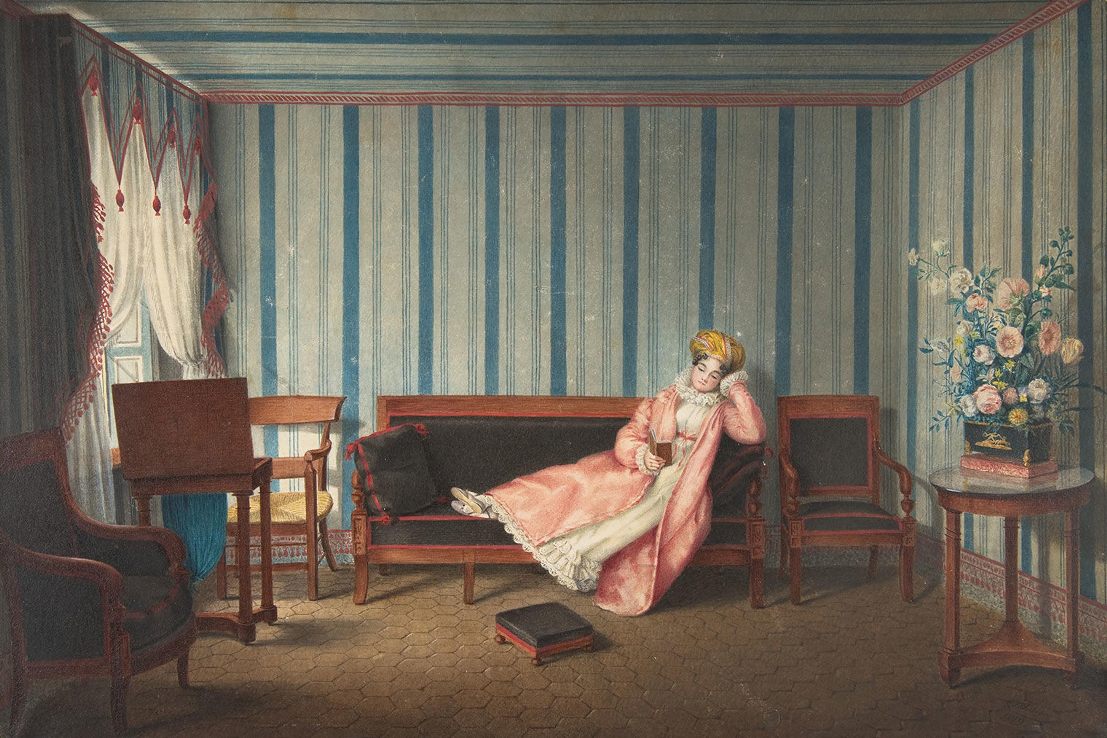 A painting of a woman wearing a robe, lying on a chaise lounge in an elegant room