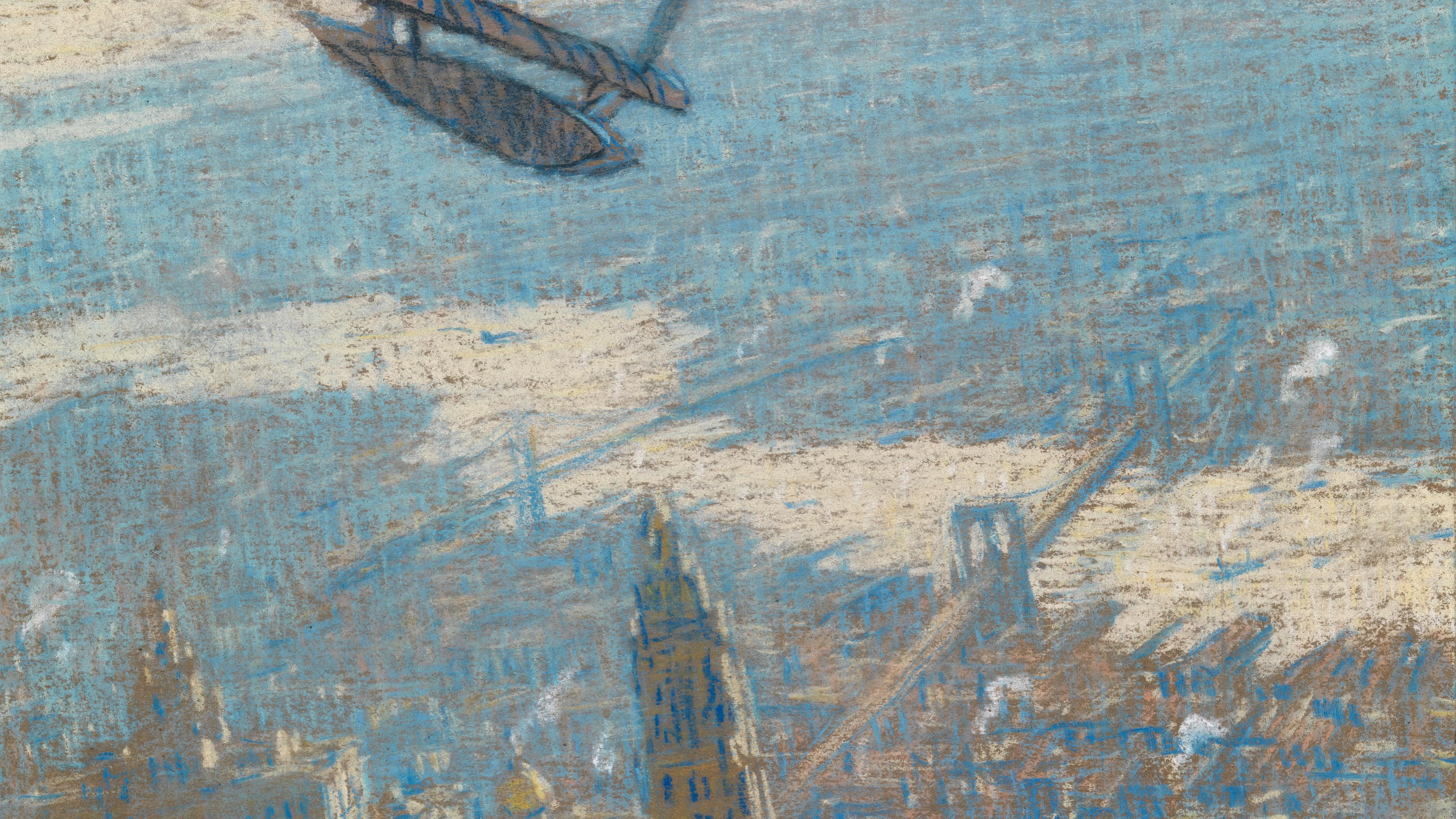 Painting depicting a sun-dappled aerial view of lower Manhattan with blue hues