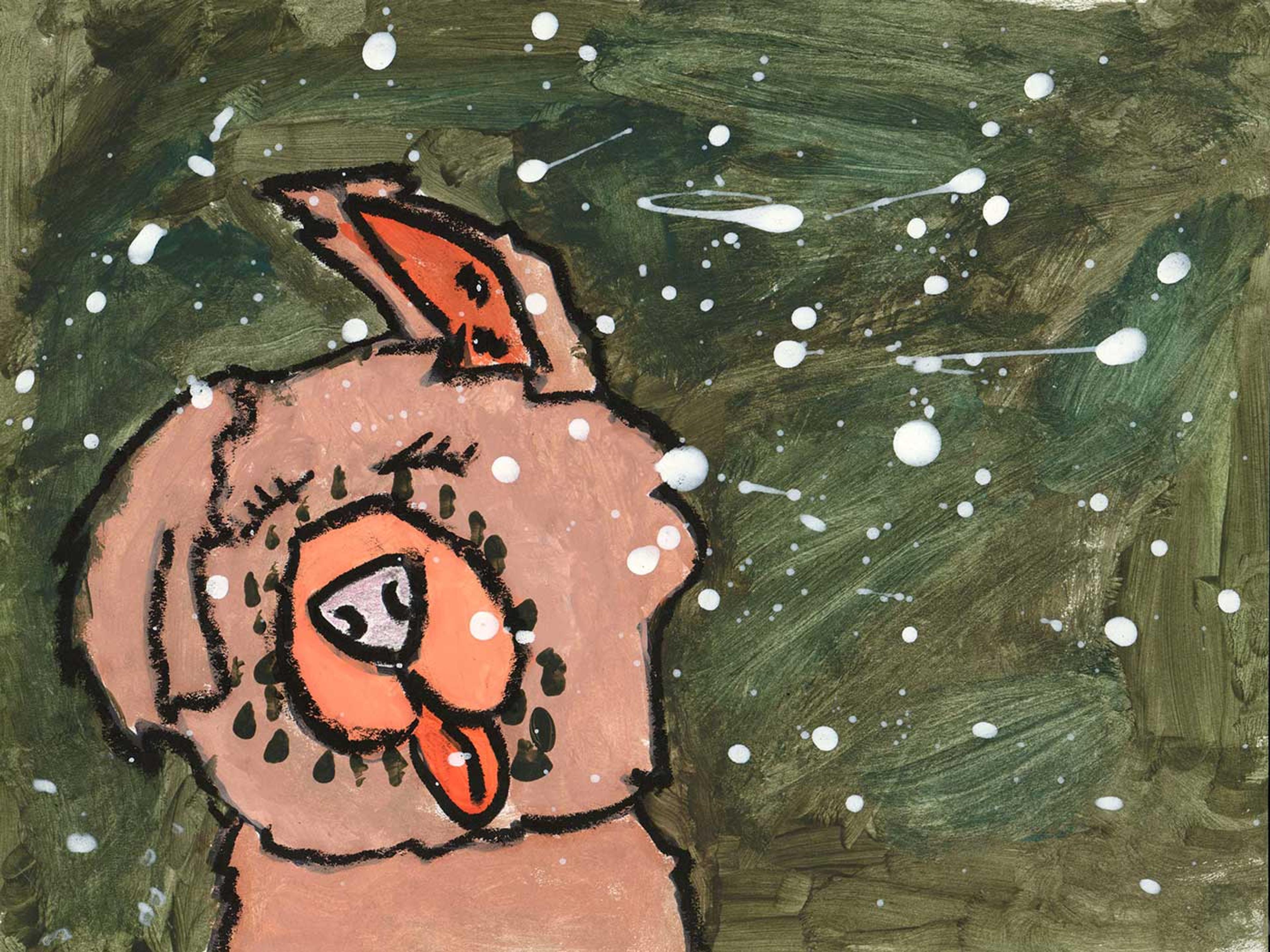 Drawing of a dog shaking it's head on a black background with white spots.