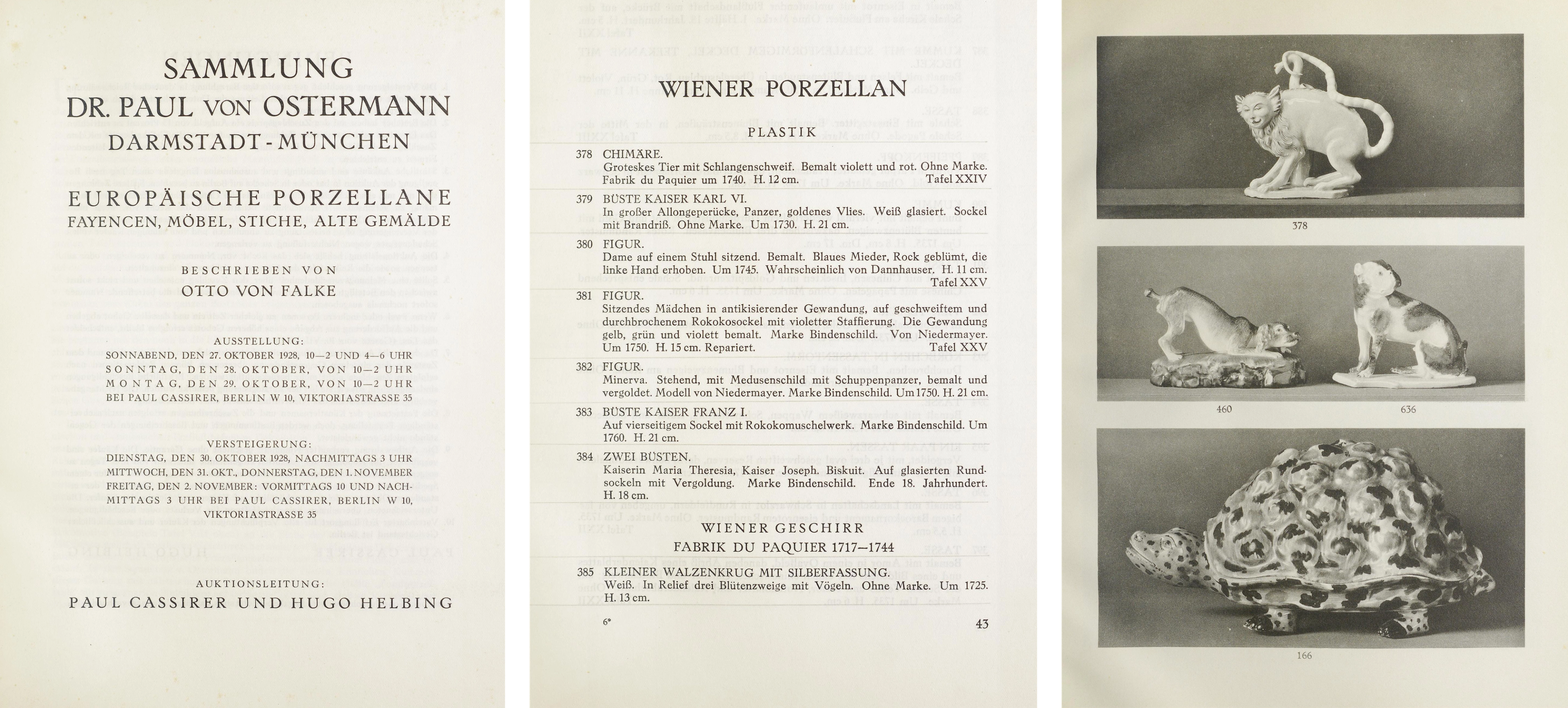 Three pages, including a title page, catalogue details, and black-and-white photos, from a publication on European porcelain.