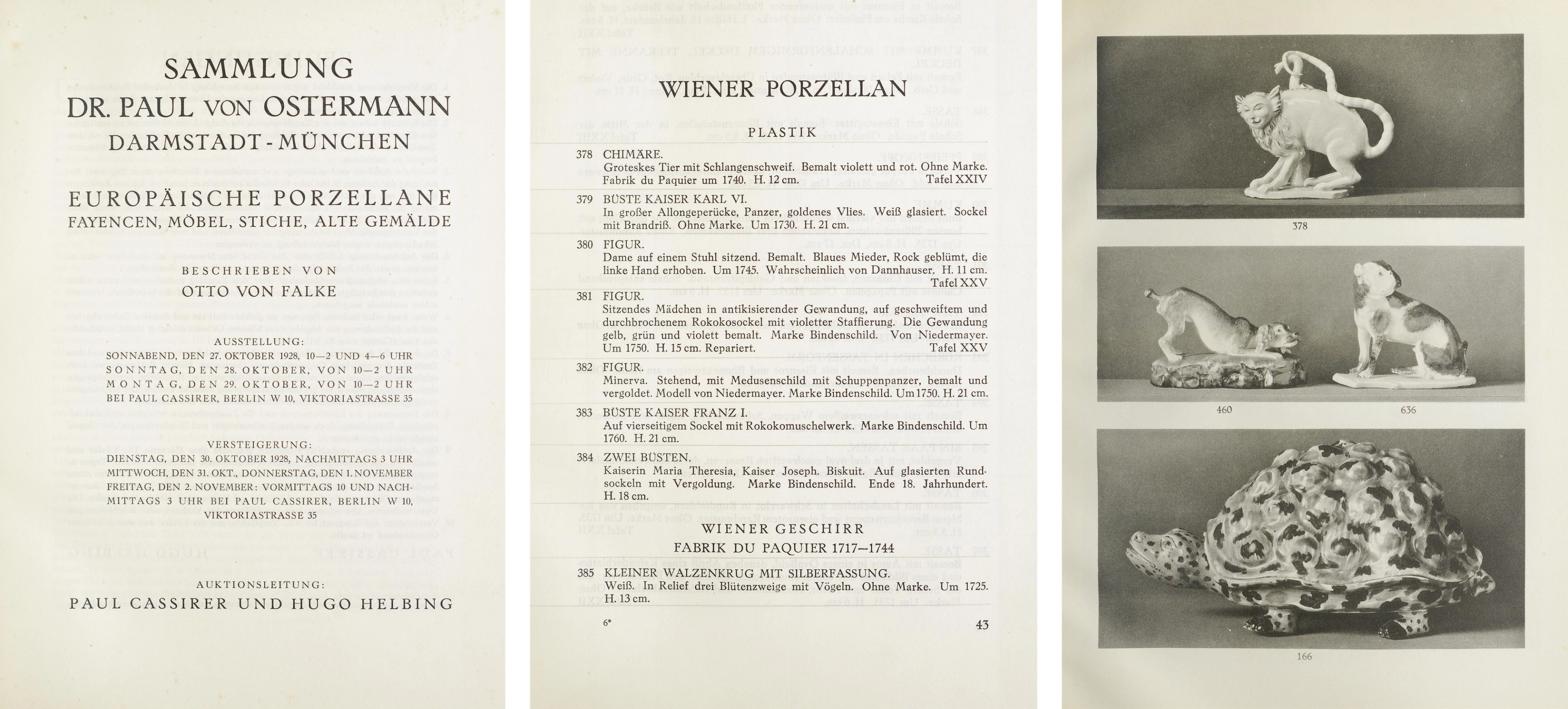 Three pages, including a title page, catalogue details, and black-and-white photos, from a publication on European porcelain.