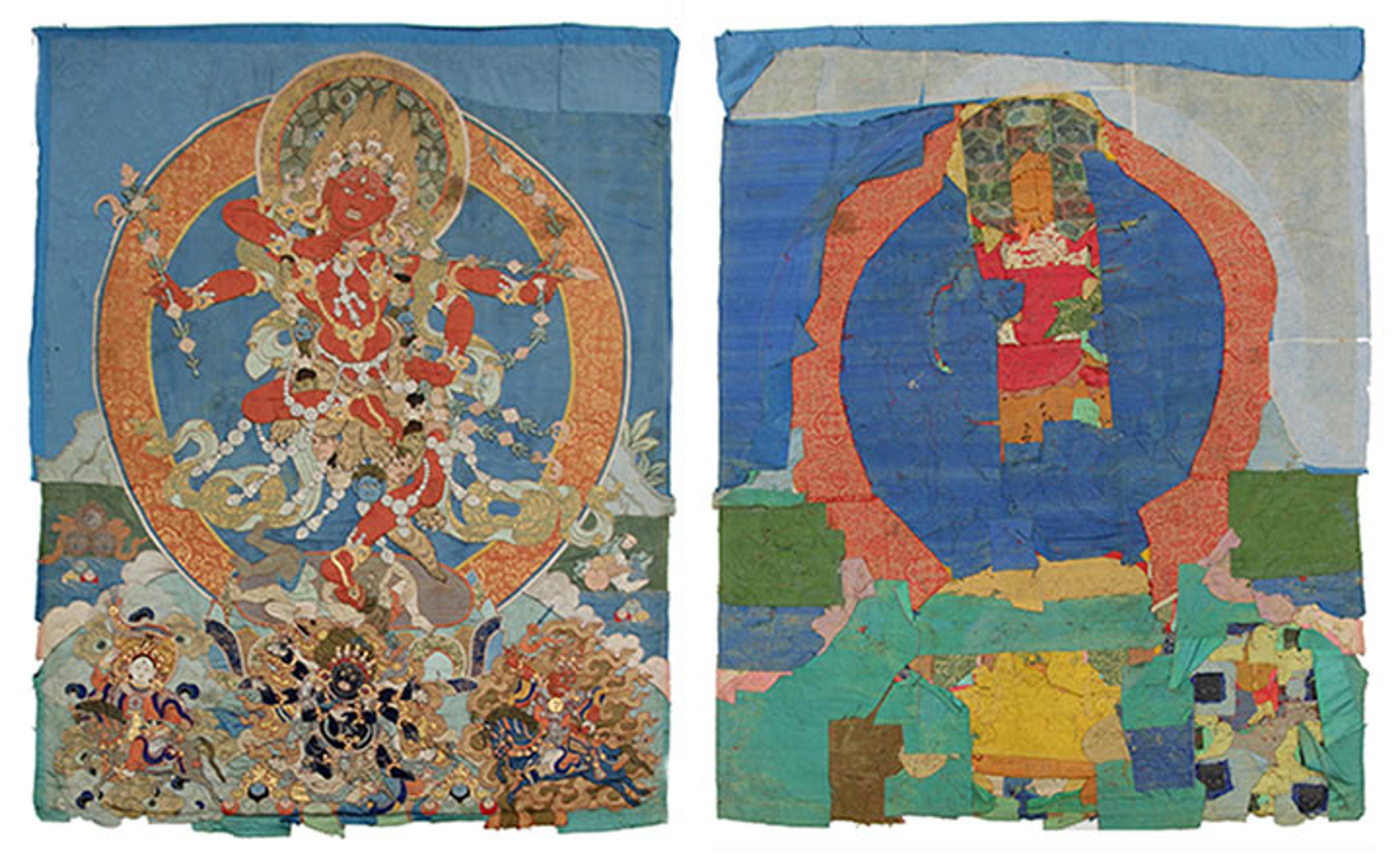 The front and back view of a large-scale appliqué of the four-armed Vajrayana goddess Kurukulla