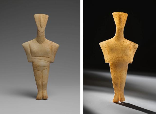 Two images of the same cycladic female nude figure with her arms crossed. On the right side the image is plainly lit against a grey background. On the second photo, the figure is lit up and luminous with a light in the background.
