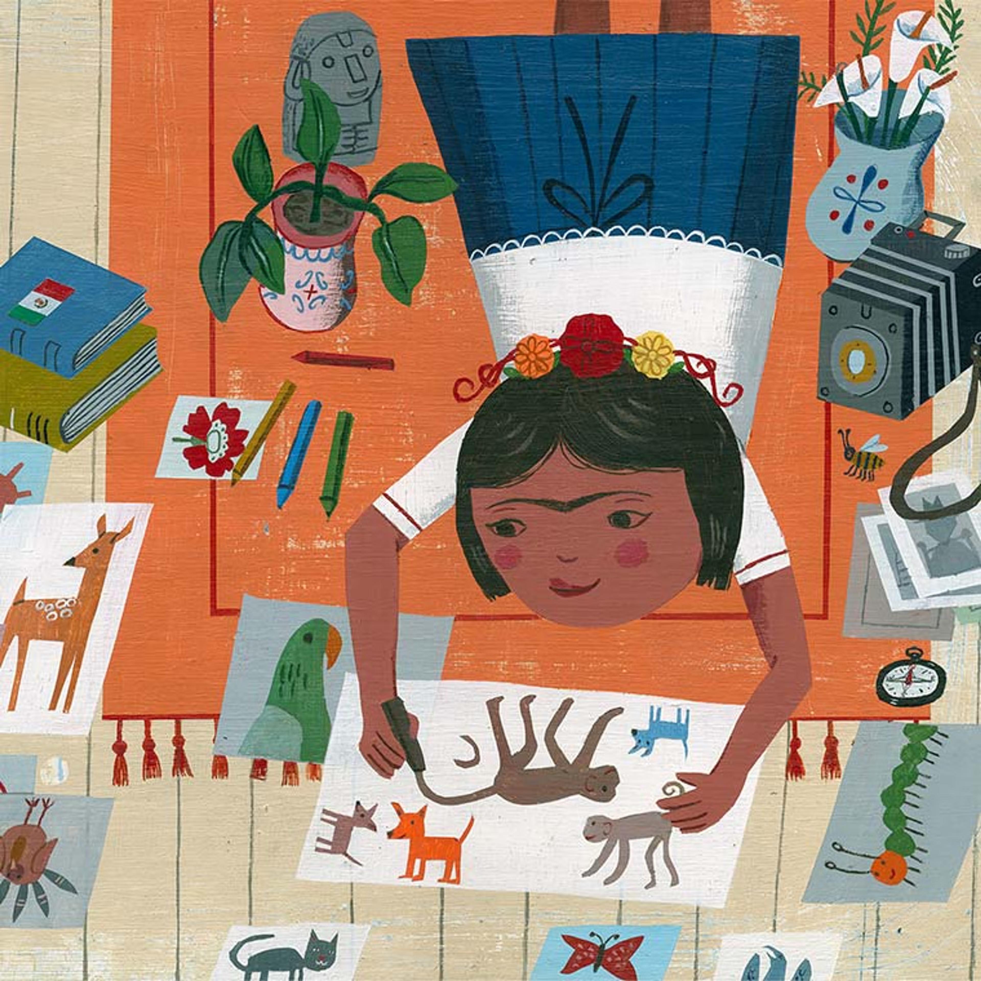 A stylized, vibrantly colored drawing of a young girl lying on an orange rug over a wooden floor in a white shirt and blue skirt--clearly Frida Kahlo from her unibrow--drawing pictures of various animals like monkeys and dogs on a sheet of paper. Other drawings of animals litter the floor, and she is also surrounded by plants, flowers, a camera, a pile of books, and an alarm clock.
