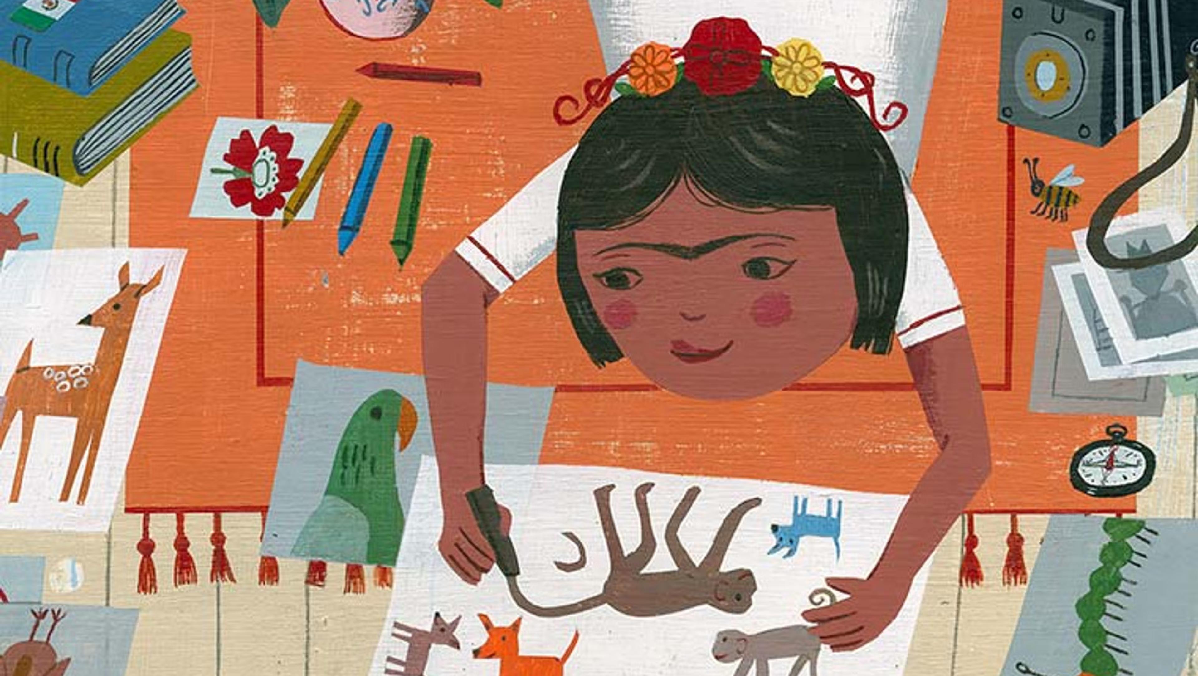 A stylized, vibrantly colored drawing of a young girl lying on an orange rug over a wooden floor in a white shirt and blue skirt--clearly Frida Kahlo from her unibrow--drawing pictures of various animals like monkeys and dogs on a sheet of paper. Other drawings of animals litter the floor, and she is also surrounded by plants, flowers, a camera, a pile of books, and an alarm clock.