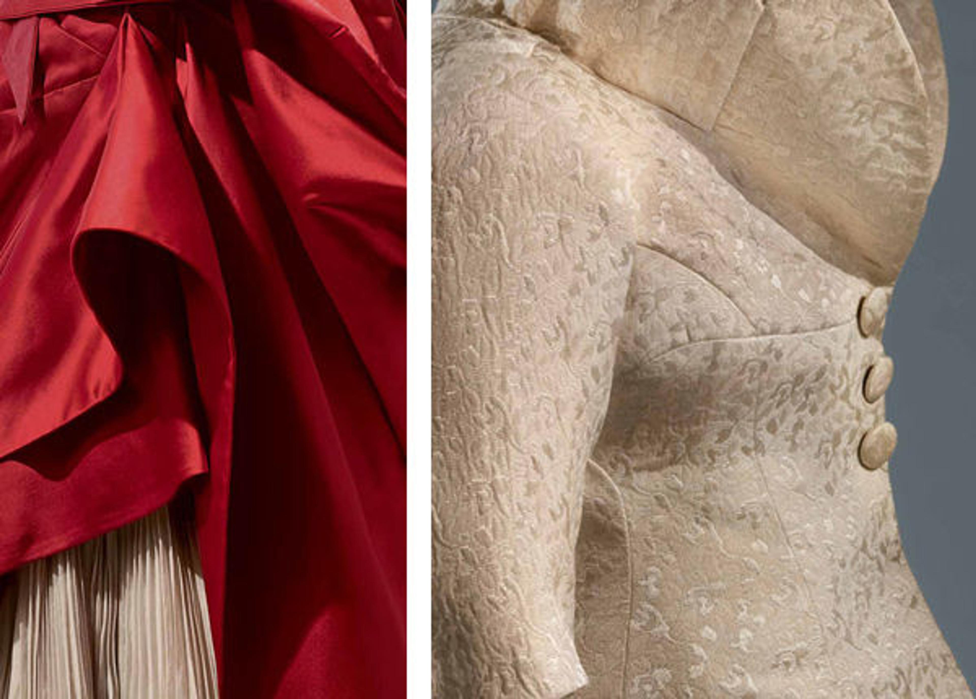 Charles James (American, born Great Britain, 1906–1978). Left: Detail of Ball Gown, 1949–50; Right: Detail of Dinner Suit, 1956